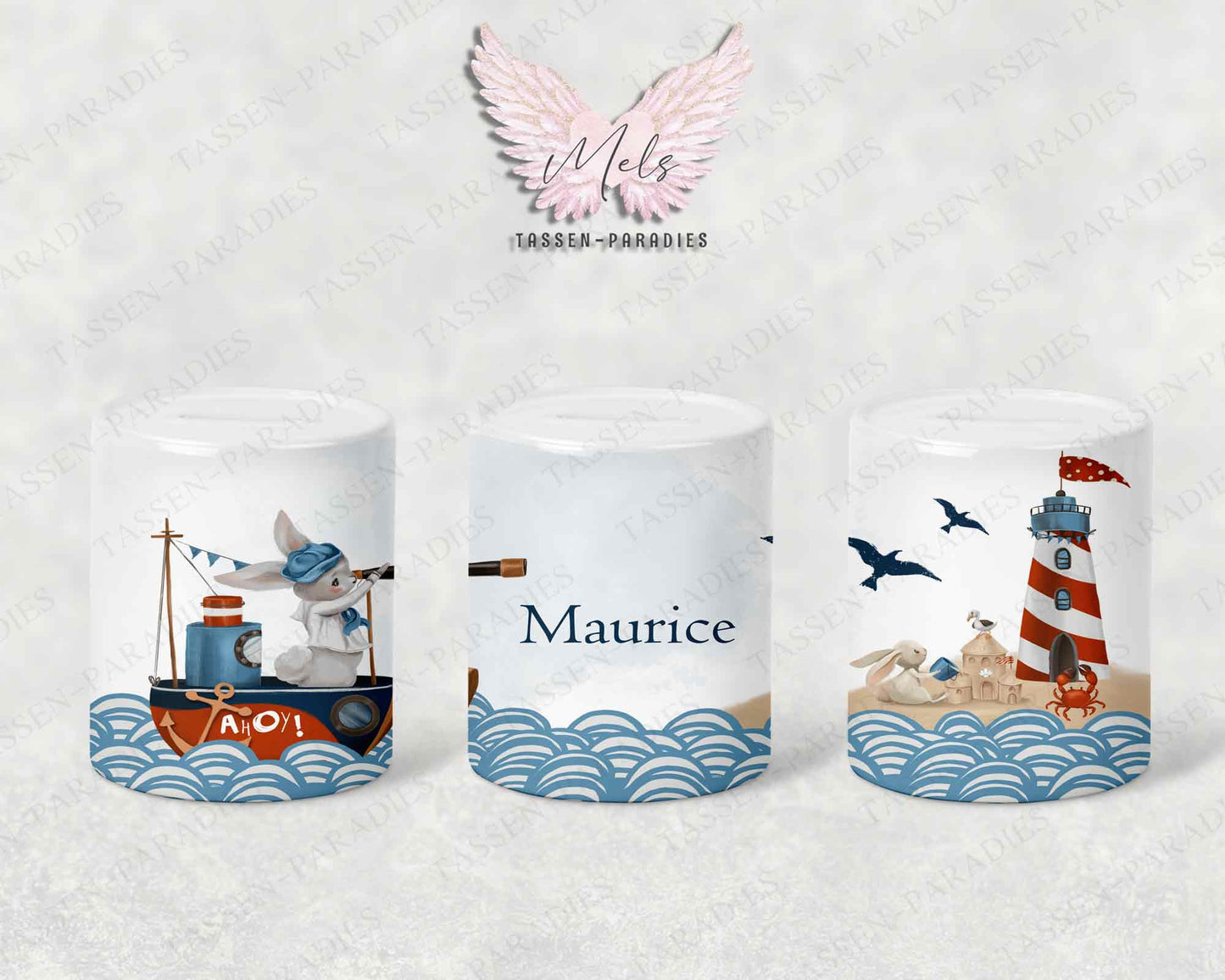 Personalisierte Kinder Spardose Boot-Leuchtturm - mit und ohne Name