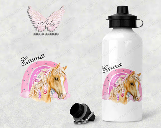 Pferd 2 - Personalisierte Kinder-Trinkflasche weiß mit und ohne Name