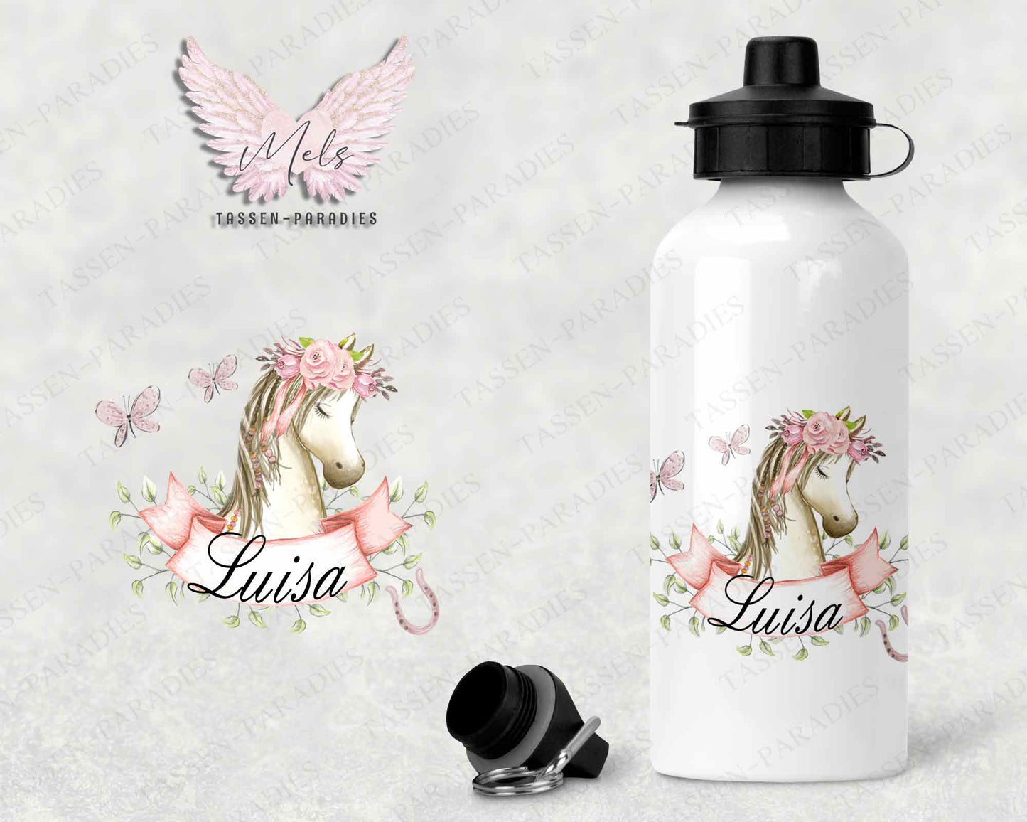 Pferd 3 - Personalisierte Kinder-Trinkflasche weiß mit und ohne Name