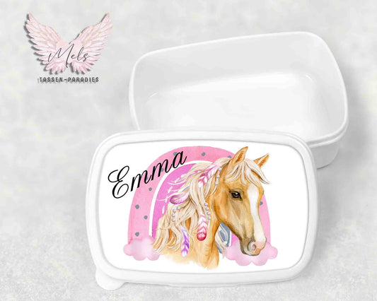Pferd 2 - Personalisierte Kinder-Brotbox / Lunchbox weiß mit und ohne Name
