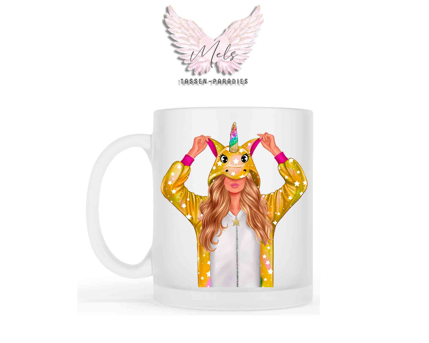 Einhorn-Frau Blond - mit Auswahl Mantelfarbe - Personalisierte Tassen mit und ohne Name