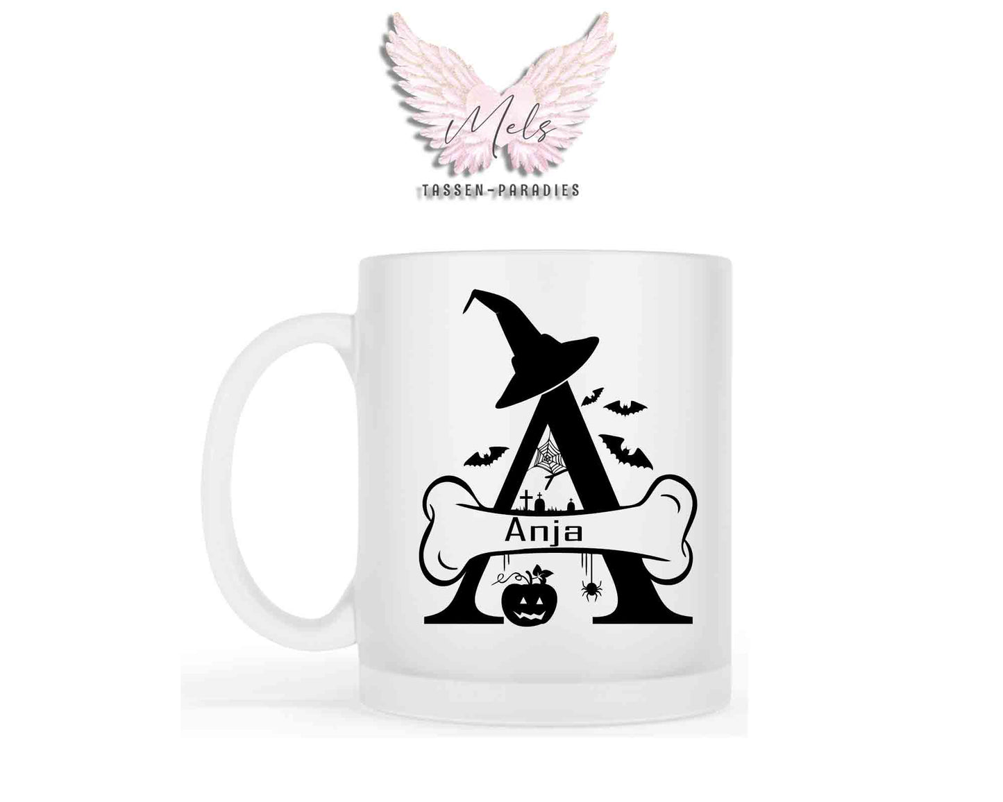 Halloween-Alphabet mit Name - Personalisierte satinierte Glas-Tasse