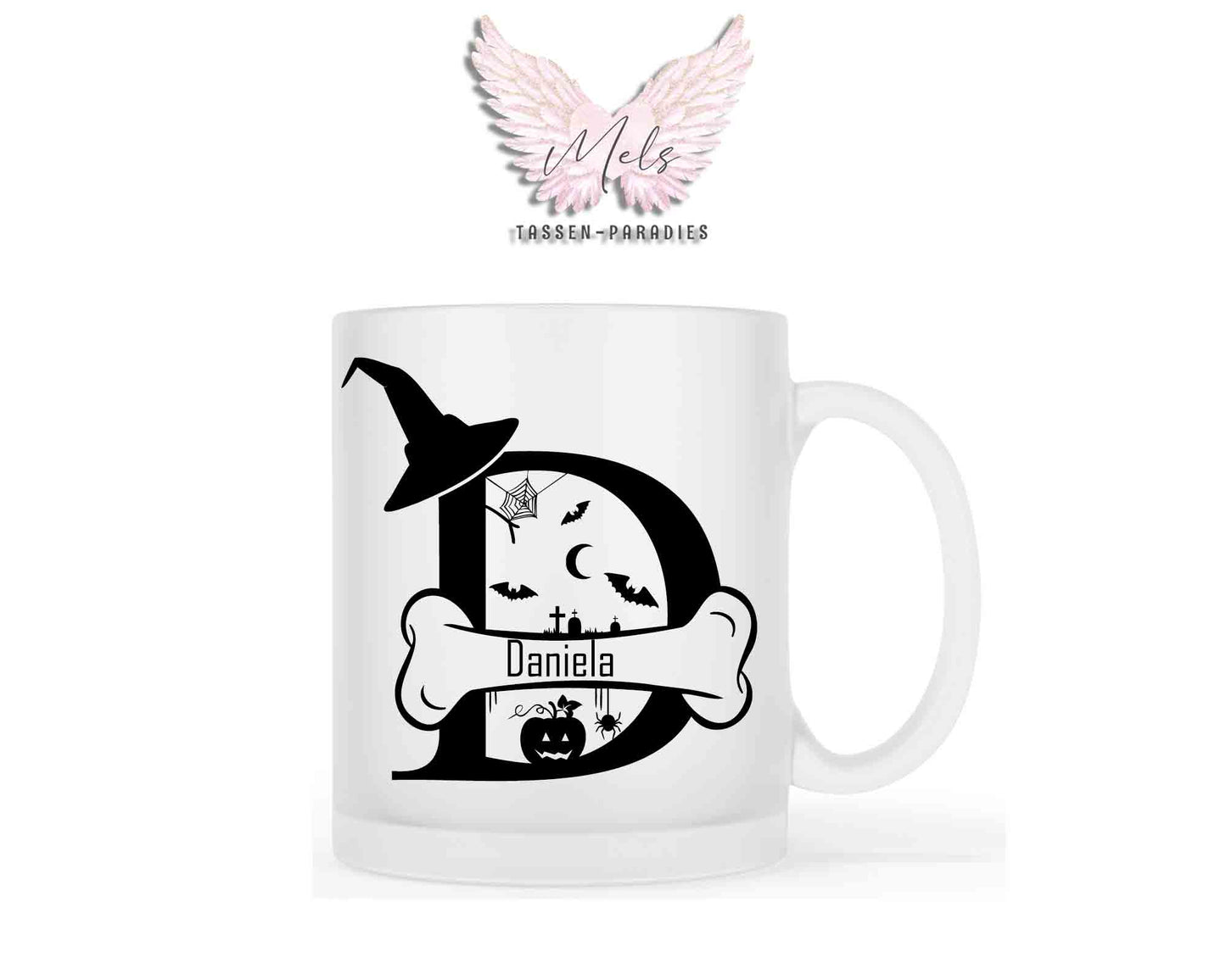Halloween-Alphabet mit Name - Personalisierte satinierte Glas-Tasse