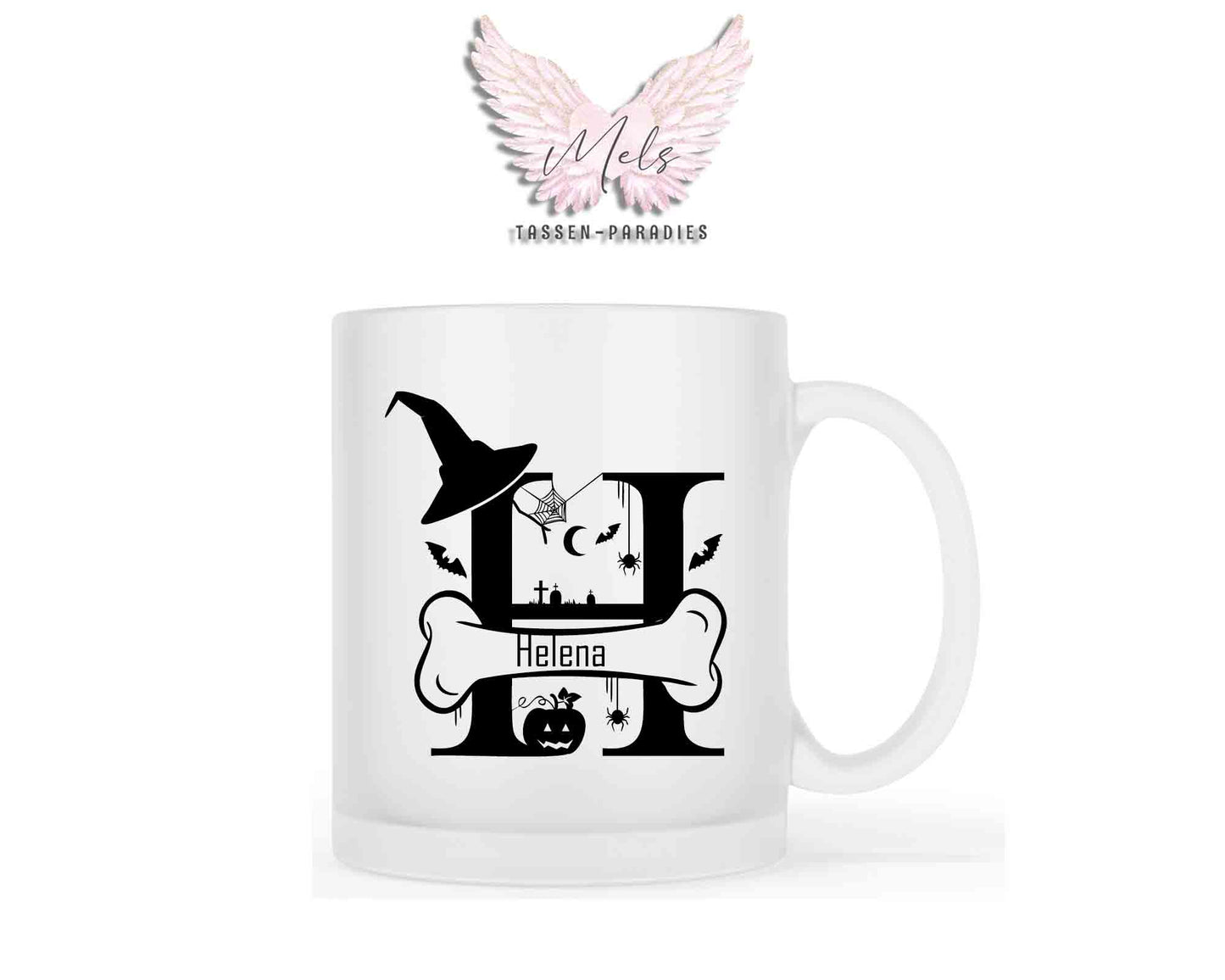 Halloween-Alphabet mit Name - Personalisierte satinierte Glas-Tasse