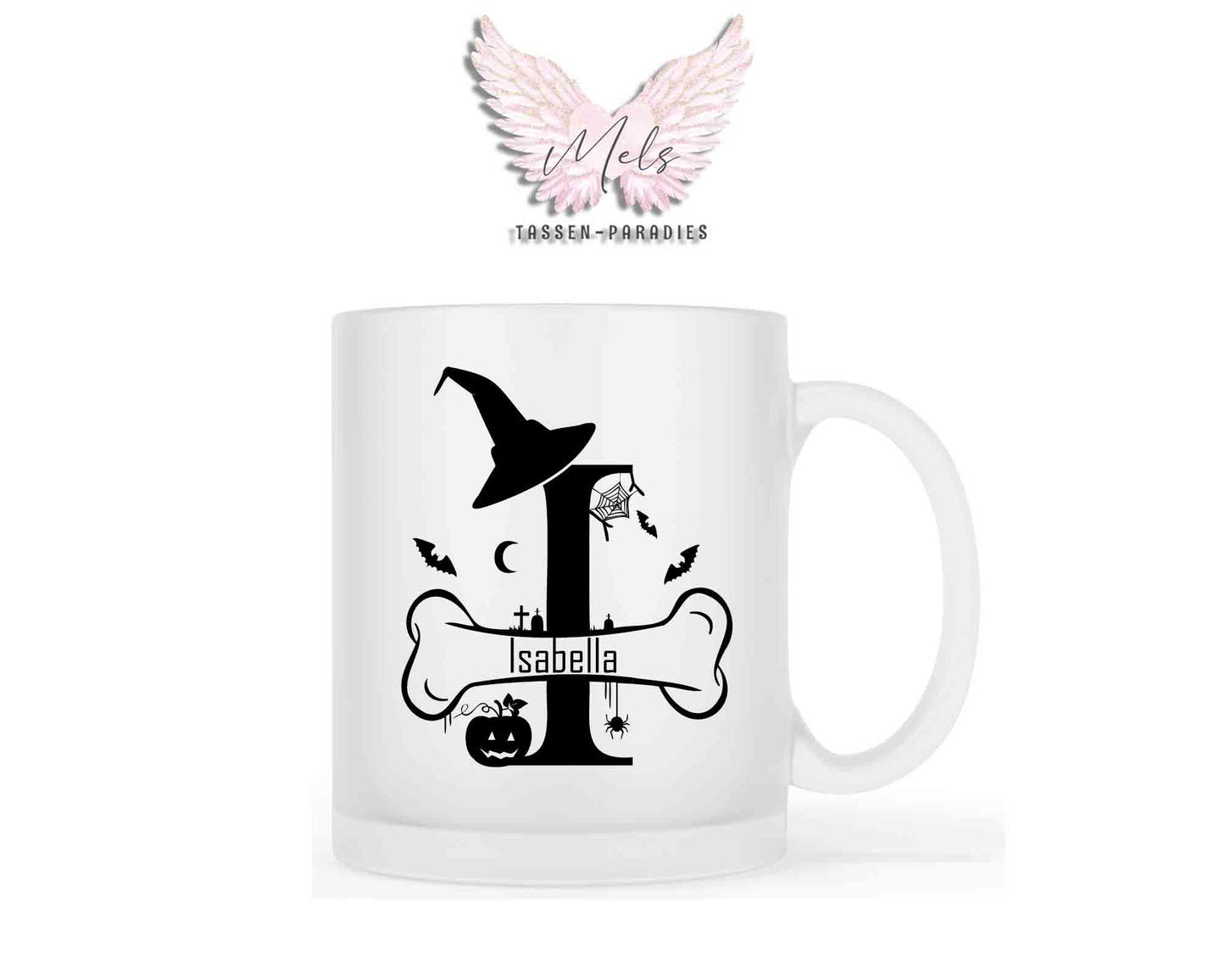 Halloween-Alphabet mit Name - Personalisierte satinierte Glas-Tasse