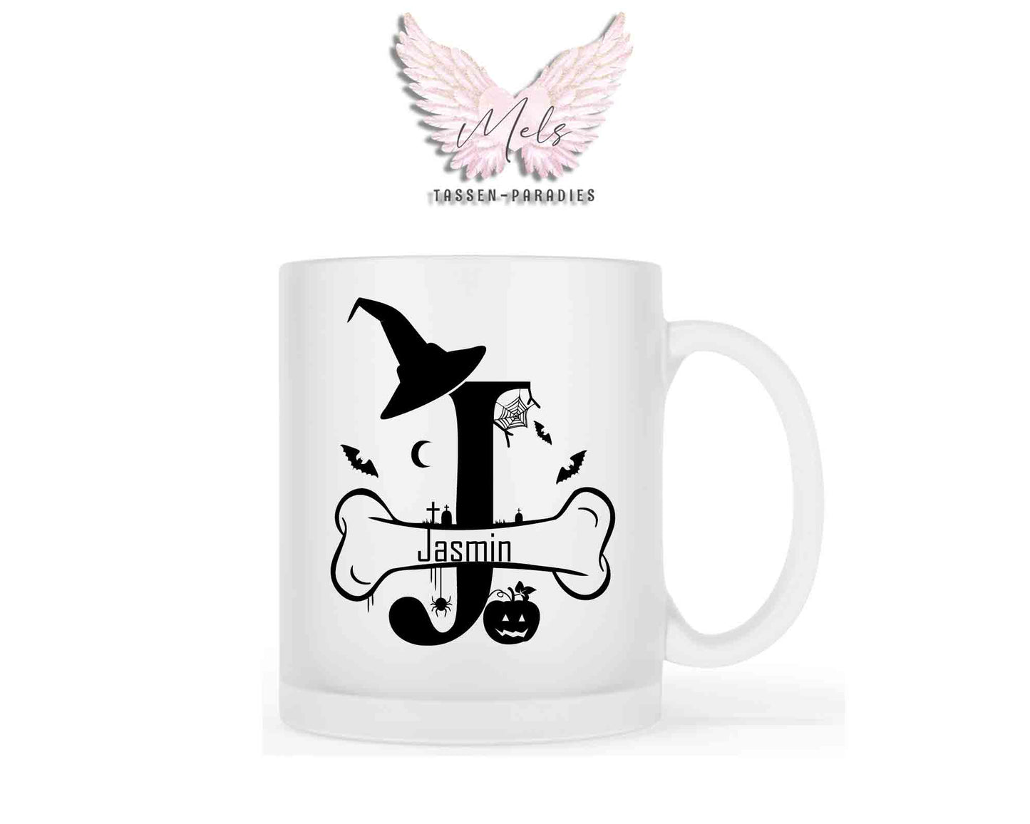 Halloween-Alphabet mit Name - Personalisierte satinierte Glas-Tasse