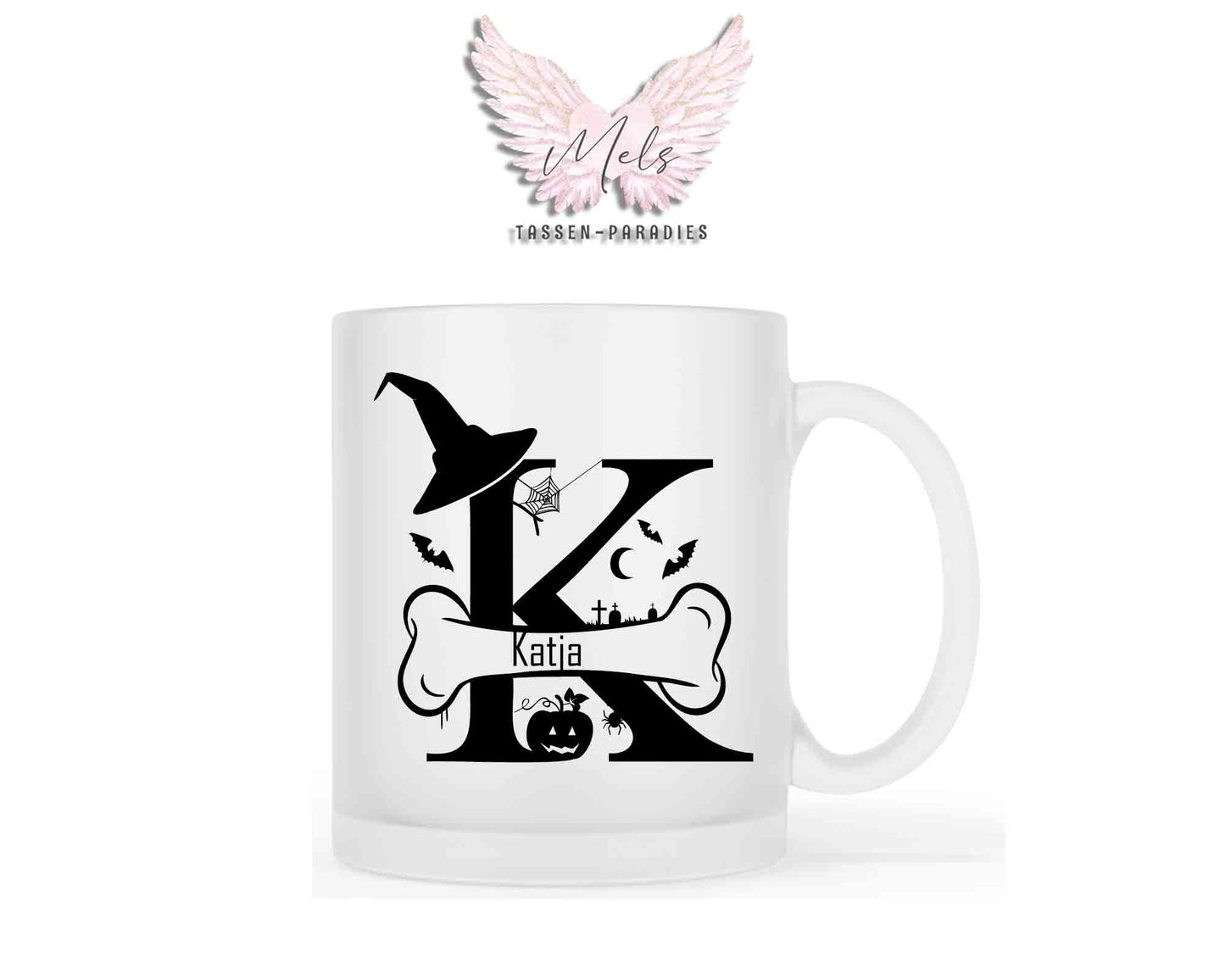 Halloween-Alphabet mit Name - Personalisierte satinierte Glas-Tasse