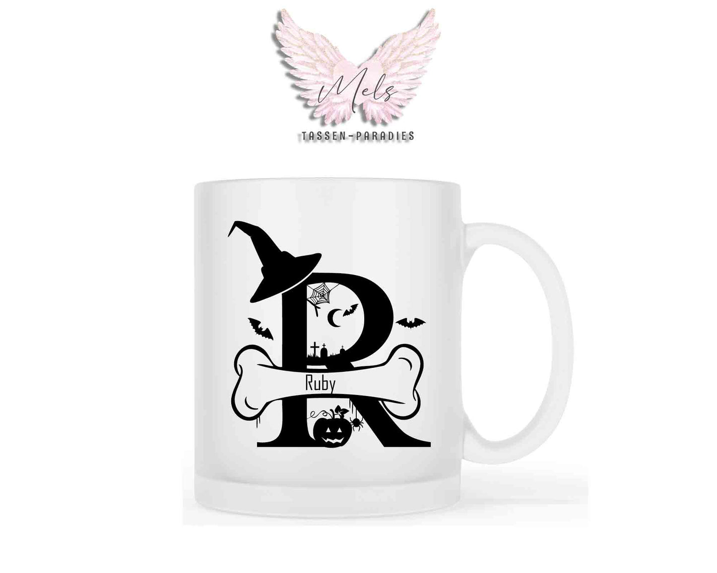 Halloween-Alphabet mit Name - Personalisierte satinierte Glas-Tasse