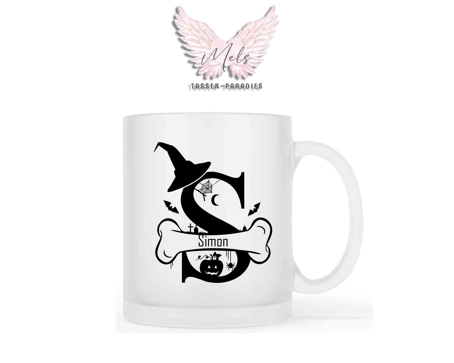 Halloween-Alphabet mit Name - Personalisierte satinierte Glas-Tasse