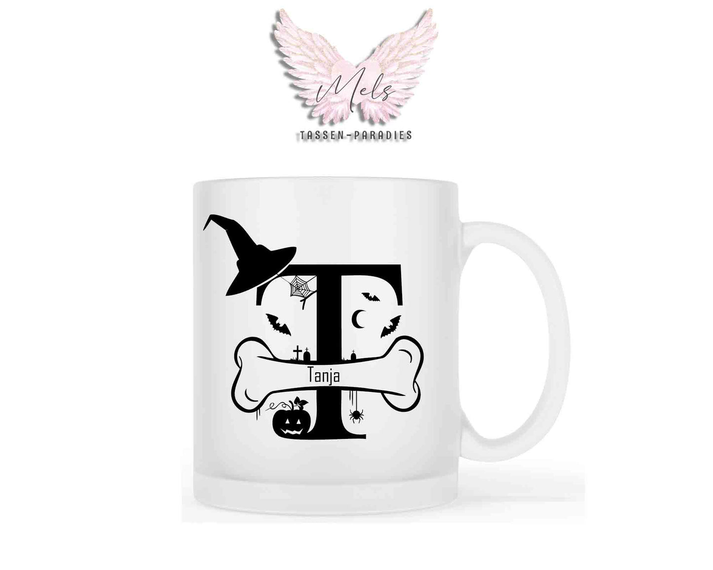 Halloween-Alphabet mit Name - Personalisierte satinierte Glas-Tasse