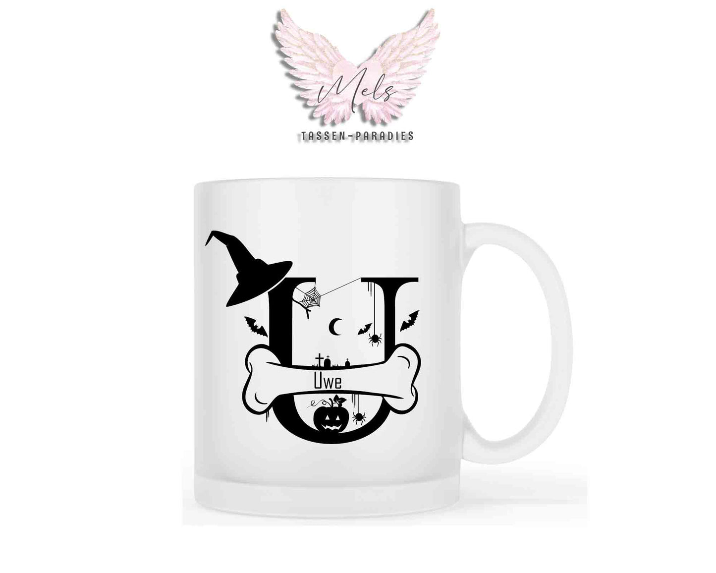 Halloween-Alphabet mit Name - Personalisierte satinierte Glas-Tasse