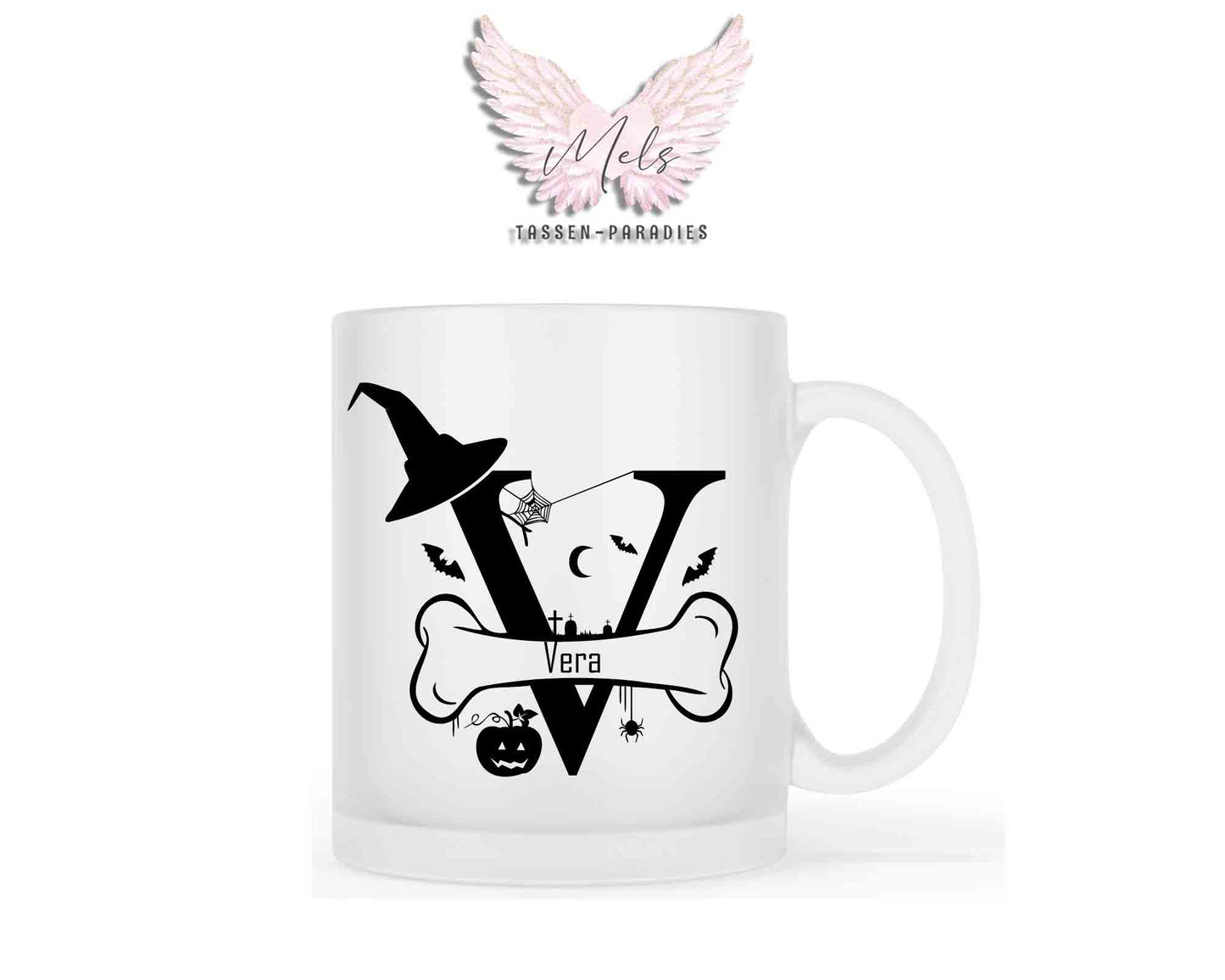 Halloween-Alphabet mit Name - Personalisierte satinierte Glas-Tasse