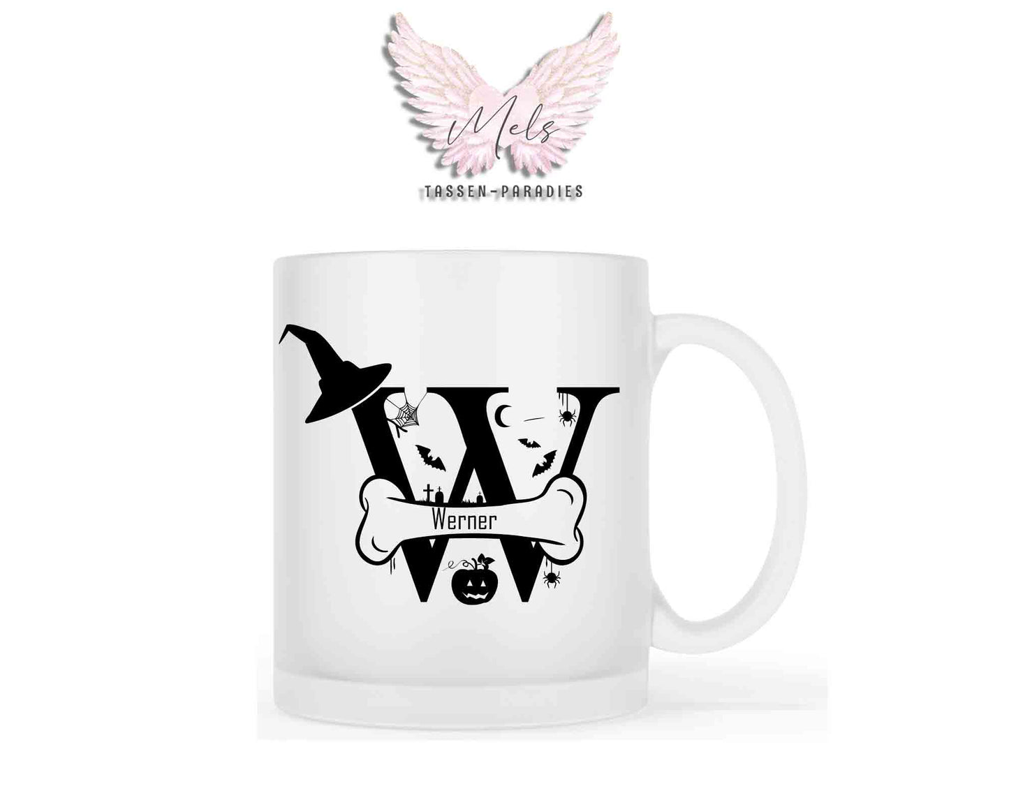 Halloween-Alphabet mit Name - Personalisierte satinierte Glas-Tasse