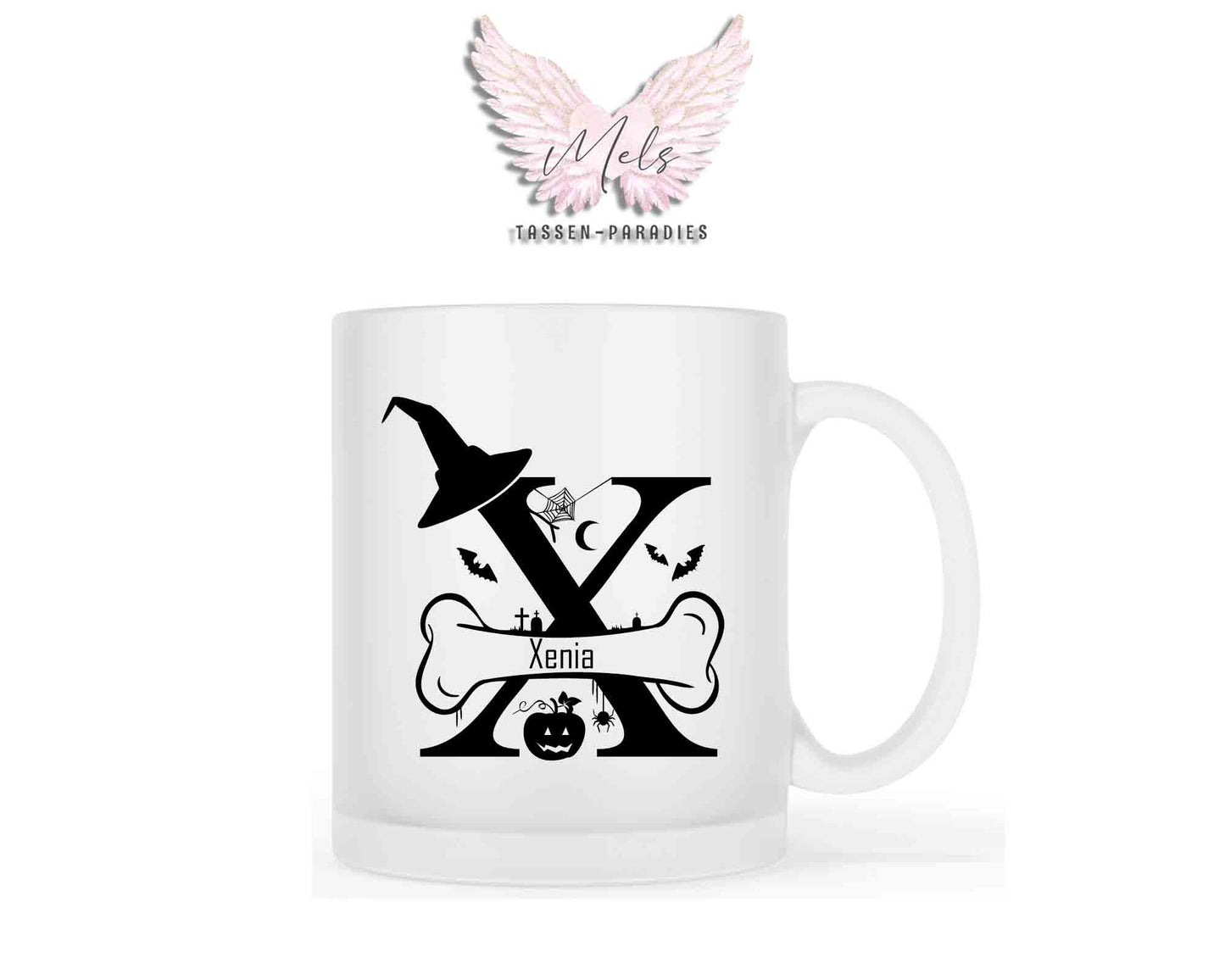 Halloween-Alphabet mit Name - Personalisierte satinierte Glas-Tasse