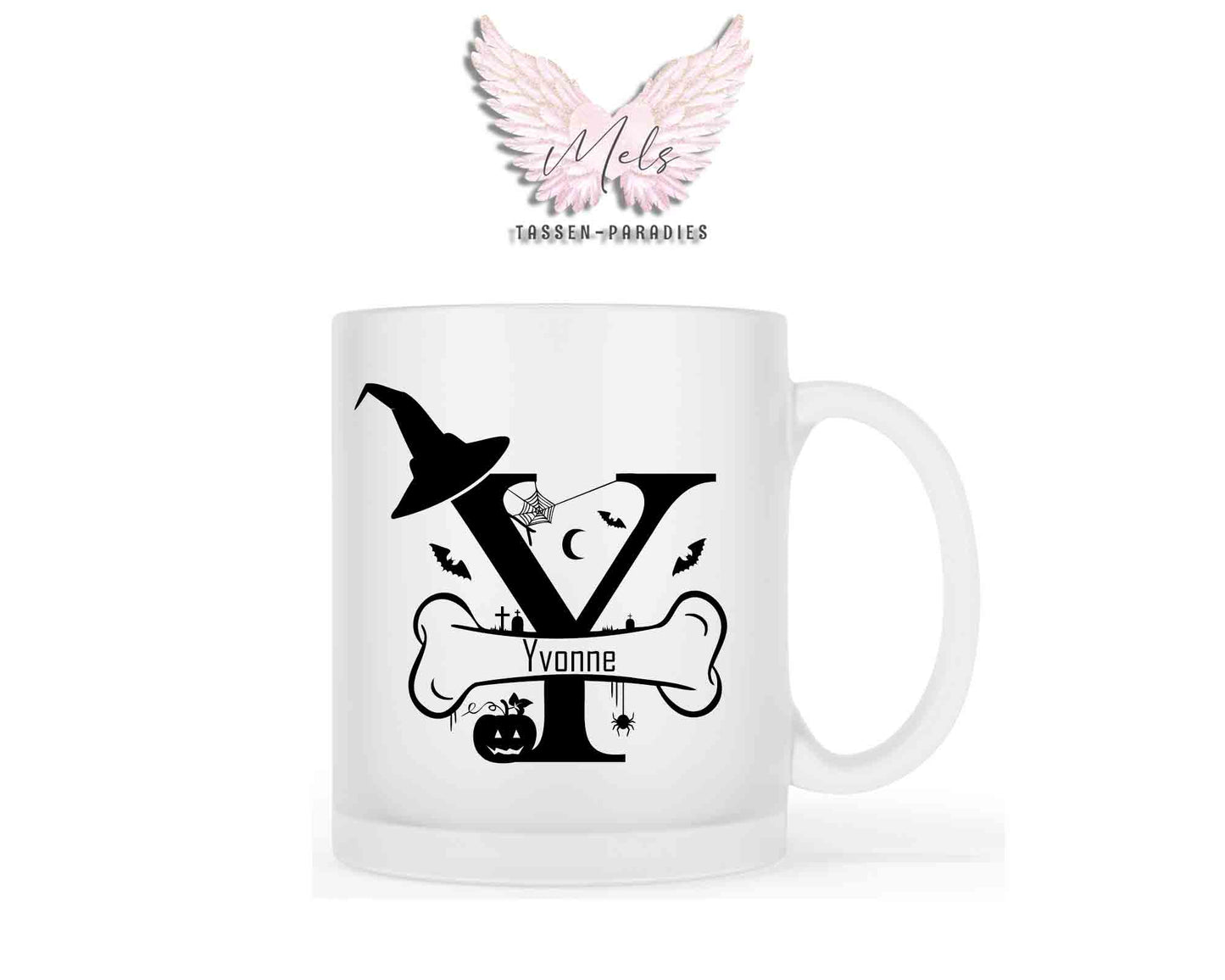 Halloween-Alphabet mit Name - Personalisierte satinierte Glas-Tasse