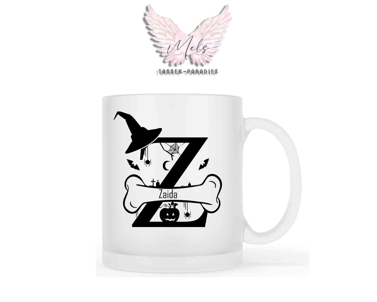 Halloween-Alphabet mit Name - Personalisierte satinierte Glas-Tasse