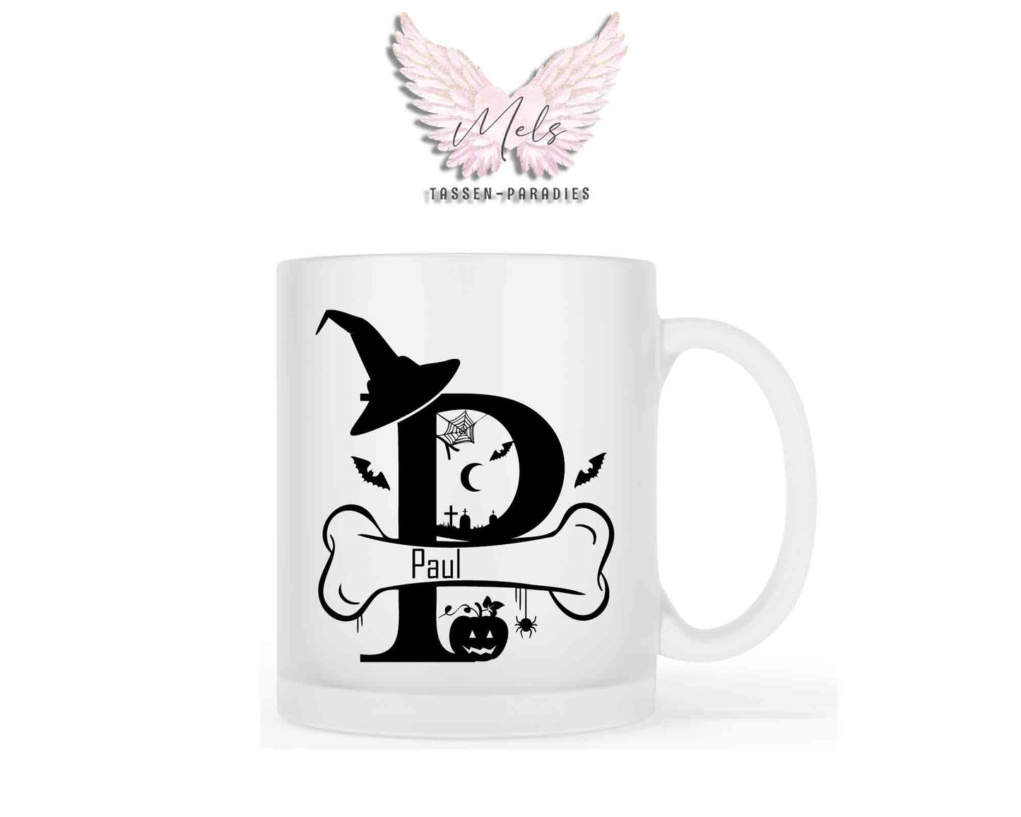 Halloween-Alphabet mit Name - Personalisierte satinierte Glas-Tasse