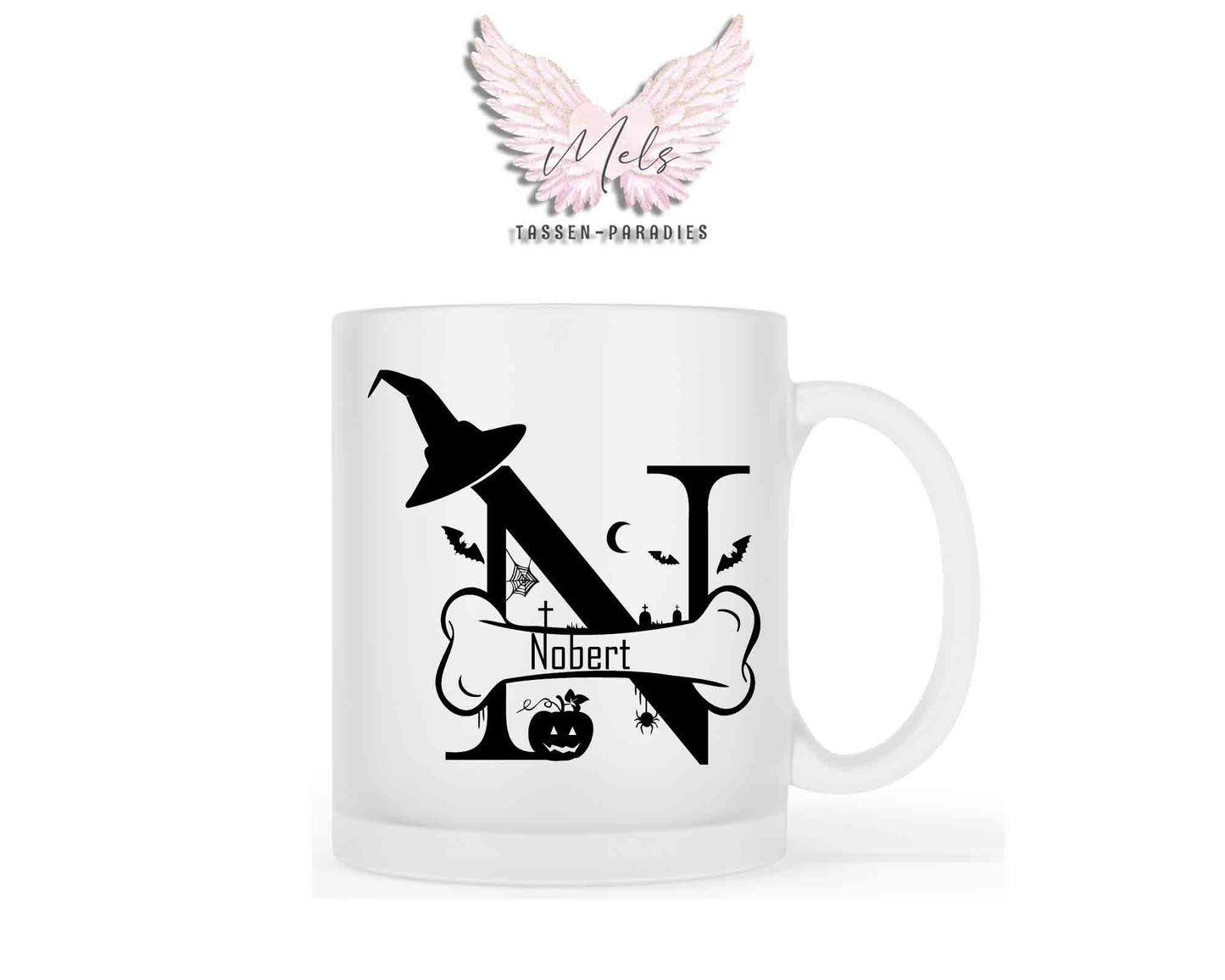 Halloween-Alphabet mit Name - Personalisierte satinierte Glas-Tasse
