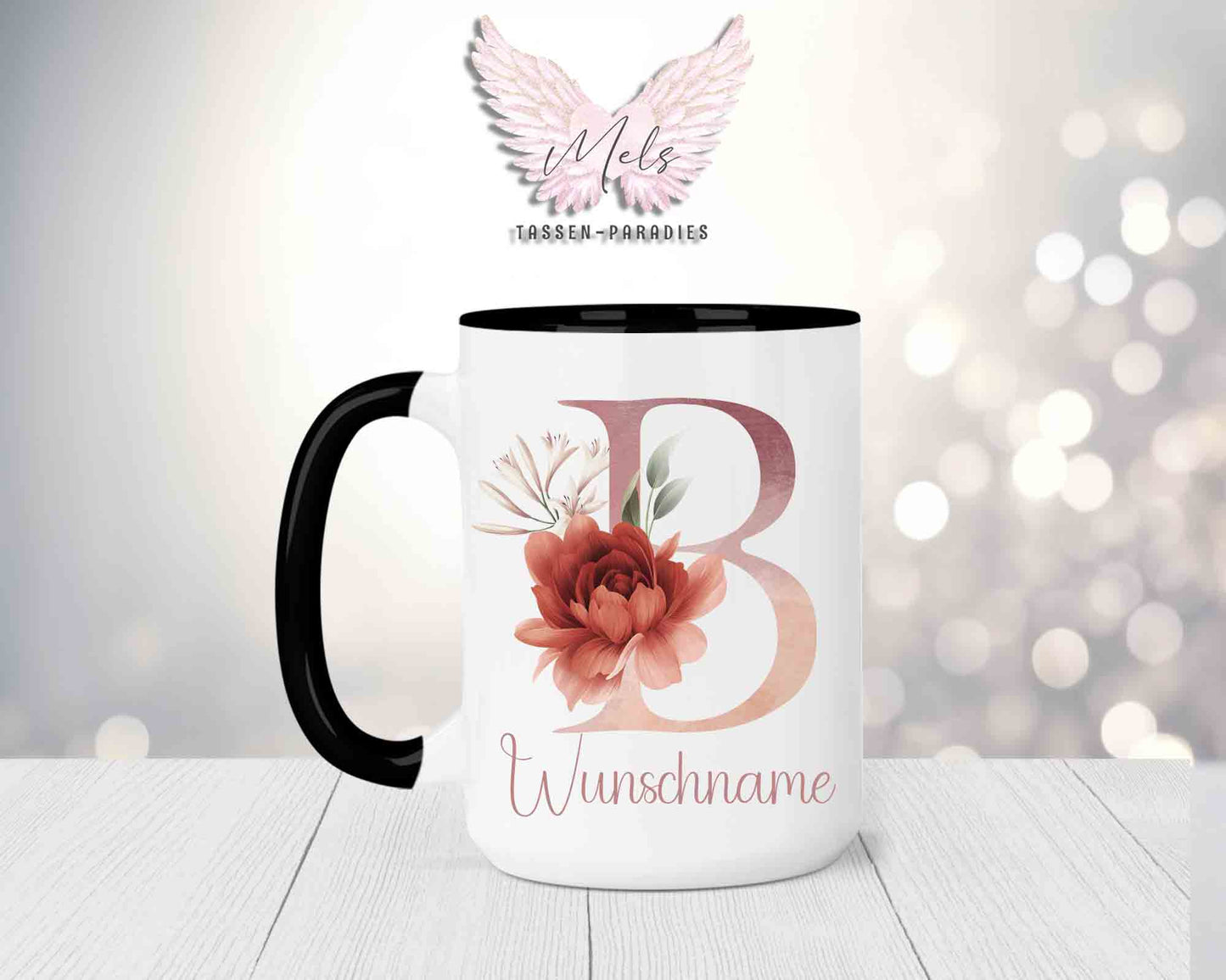 Blumen-Alphabet mit Name - Personalisierte 15oz Keramik-Tasse Schwarz
