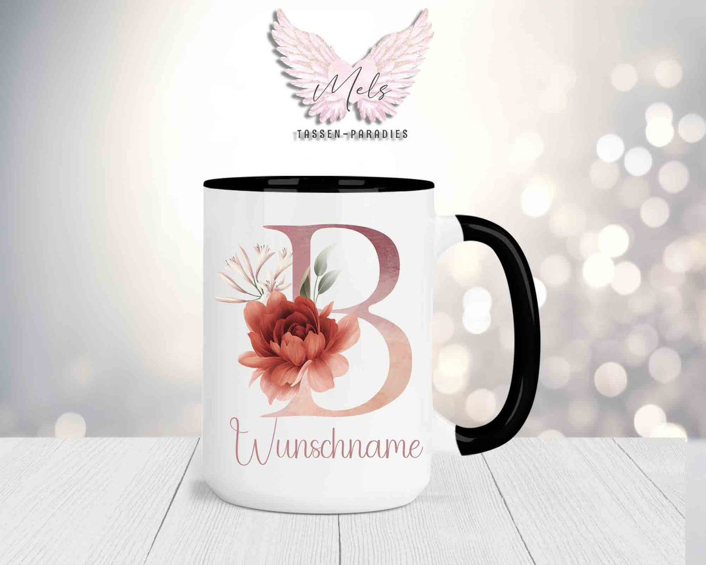 Blumen-Alphabet mit Name - Personalisierte 15oz Keramik-Tasse Schwarz