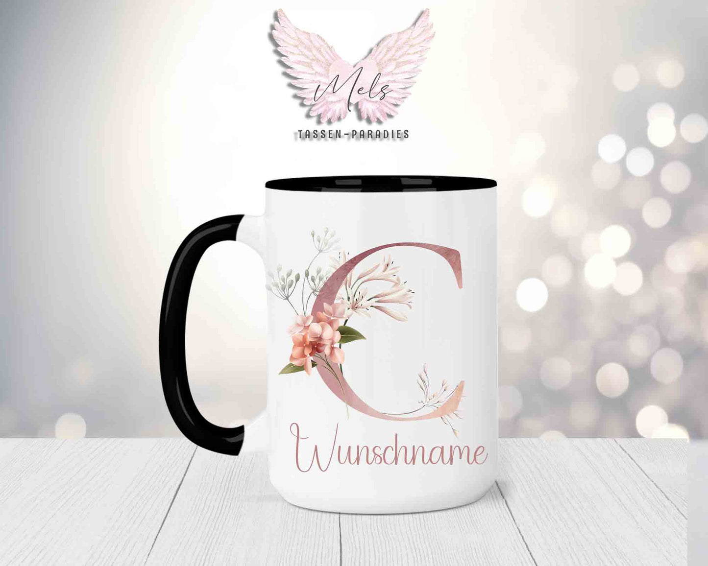 Blumen-Alphabet mit Name - Personalisierte 15oz Keramik-Tasse Schwarz