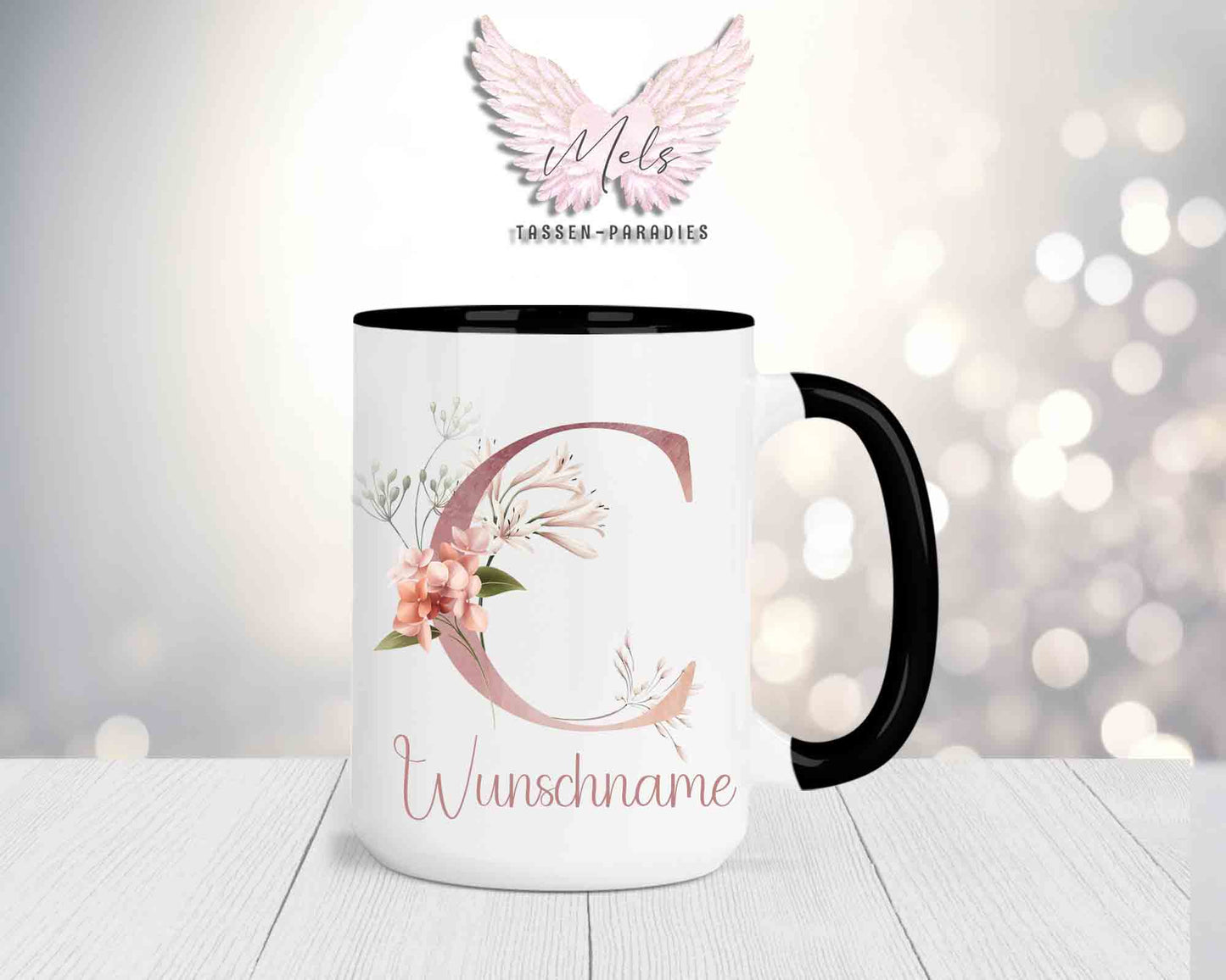 Blumen-Alphabet mit Name - Personalisierte 15oz Keramik-Tasse Schwarz
