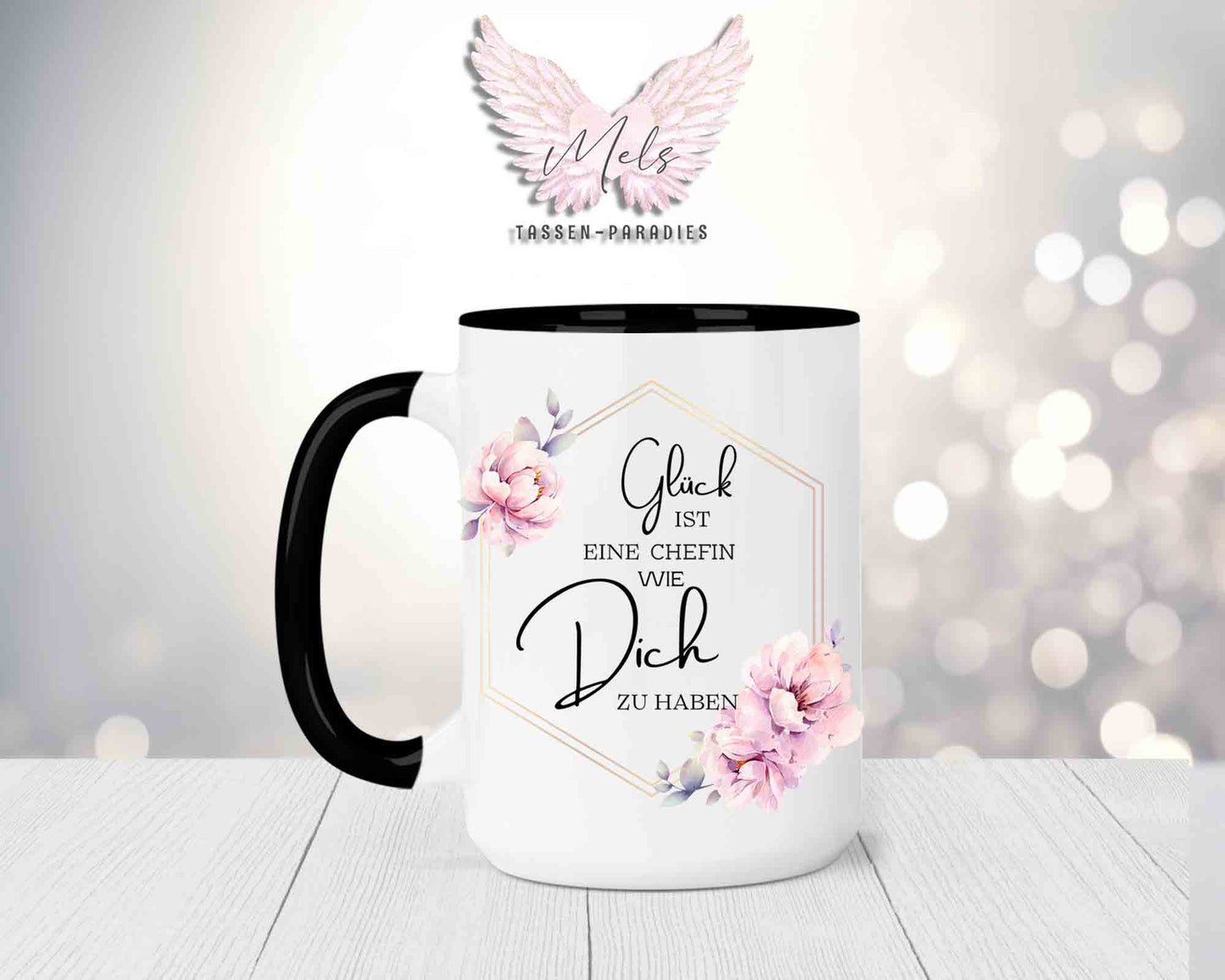 Blumen-Alphabet mit Name - Personalisierte 15oz Keramik-Tasse Schwarz