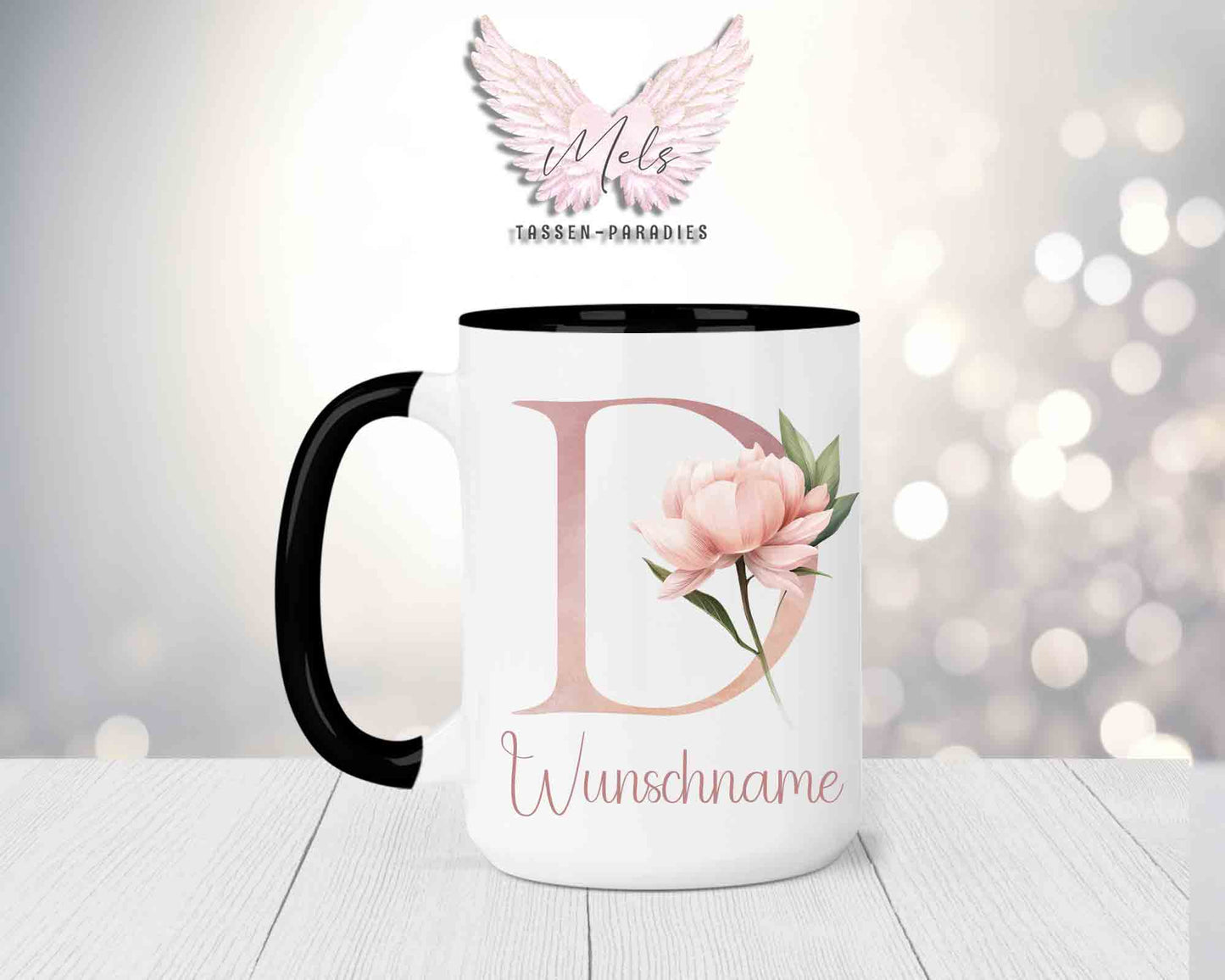 Blumen-Alphabet mit Name - Personalisierte 15oz Keramik-Tasse Schwarz