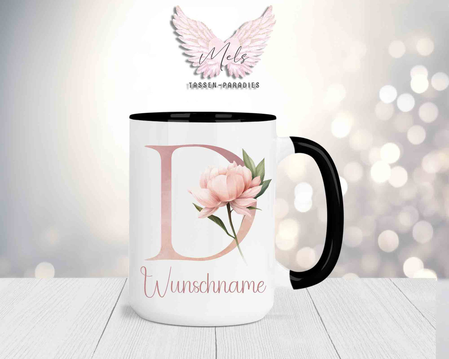Blumen-Alphabet mit Name - Personalisierte 15oz Keramik-Tasse Schwarz