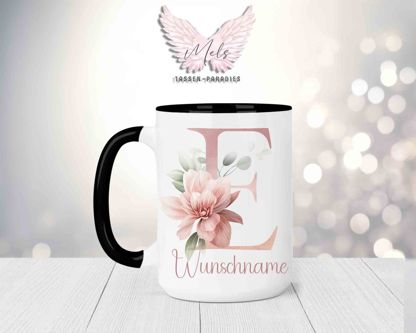 Blumen-Alphabet mit Name - Personalisierte 15oz Keramik-Tasse Schwarz