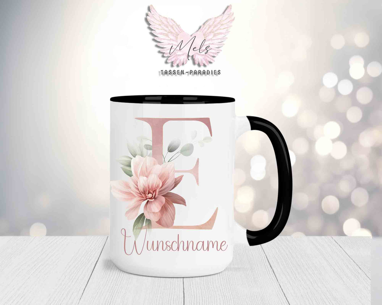 Blumen-Alphabet mit Name - Personalisierte 15oz Keramik-Tasse Schwarz