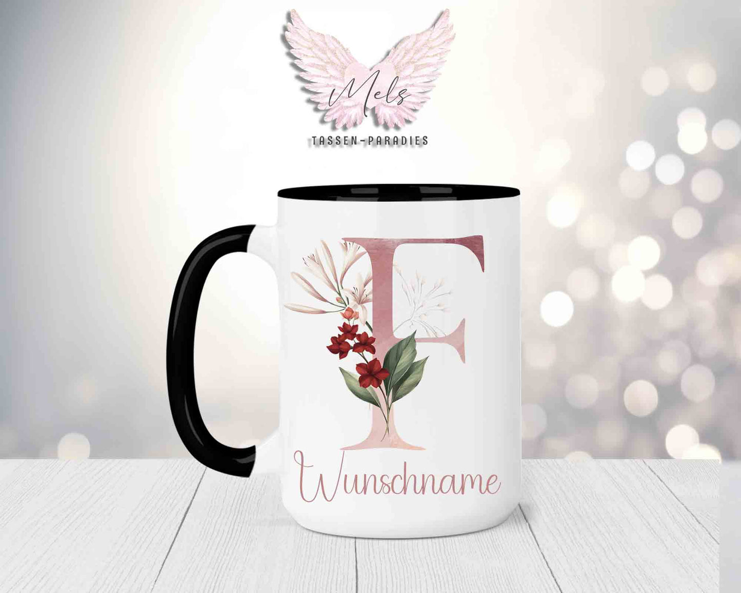 Blumen-Alphabet mit Name - Personalisierte 15oz Keramik-Tasse Schwarz