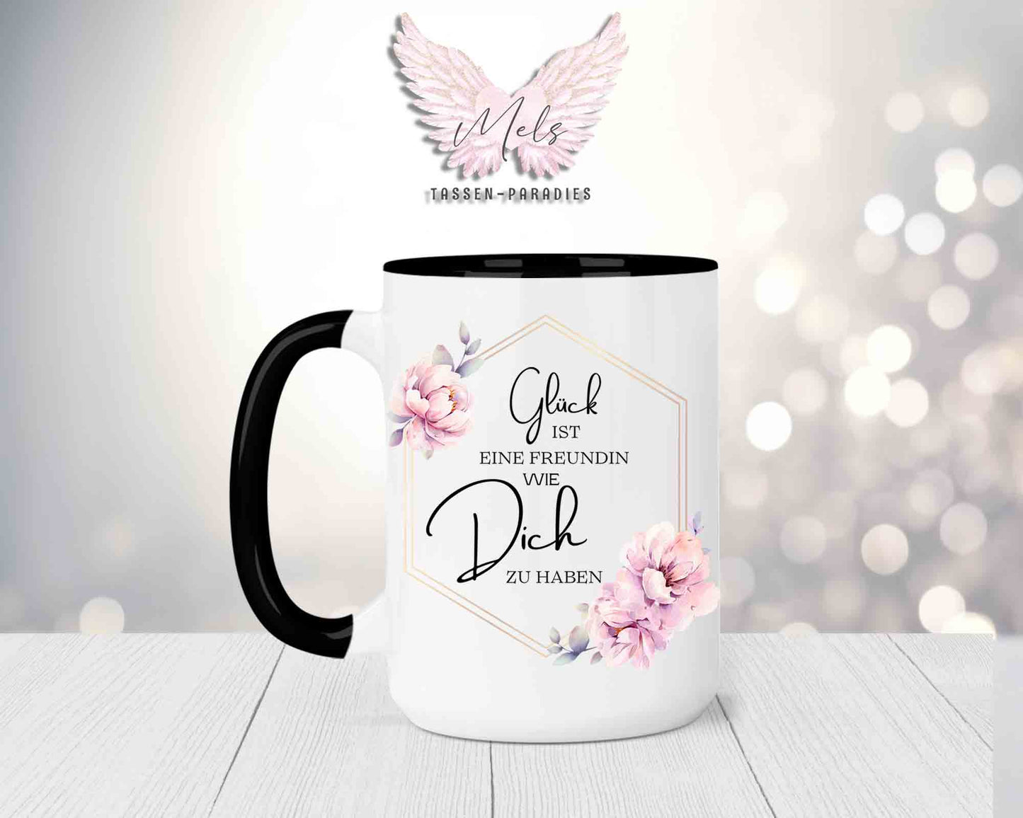Blumen-Alphabet mit Name - Personalisierte 15oz Keramik-Tasse Schwarz