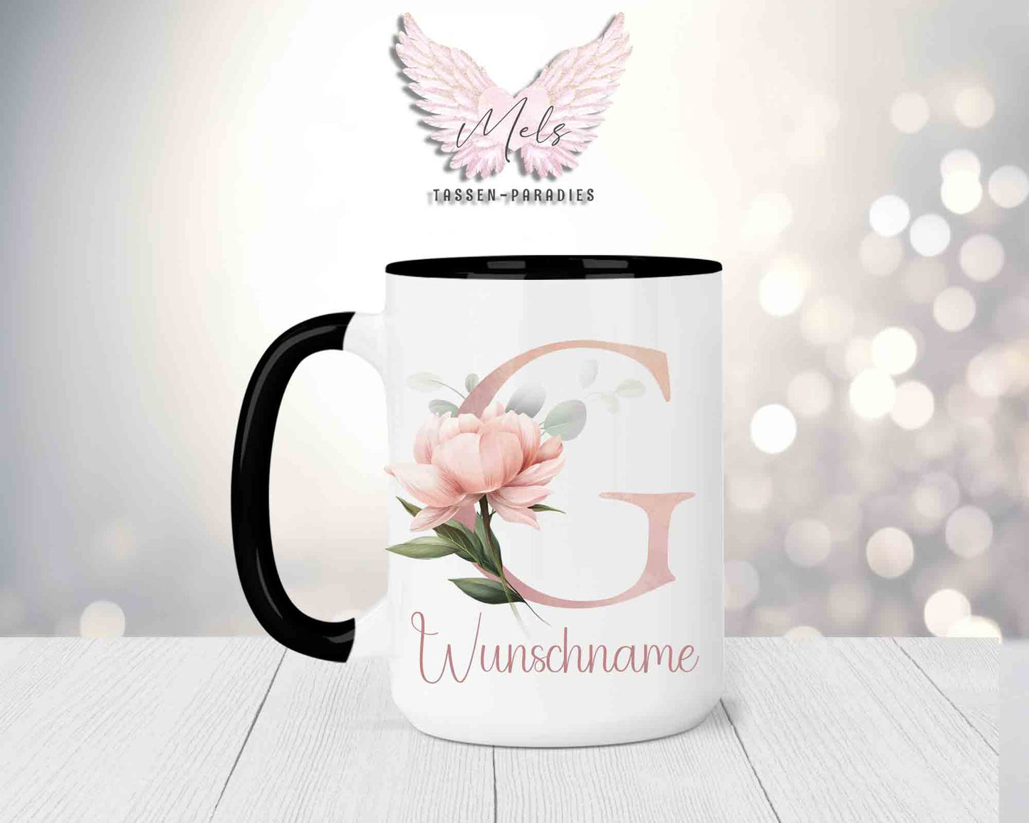Blumen-Alphabet mit Name - Personalisierte 15oz Keramik-Tasse Schwarz