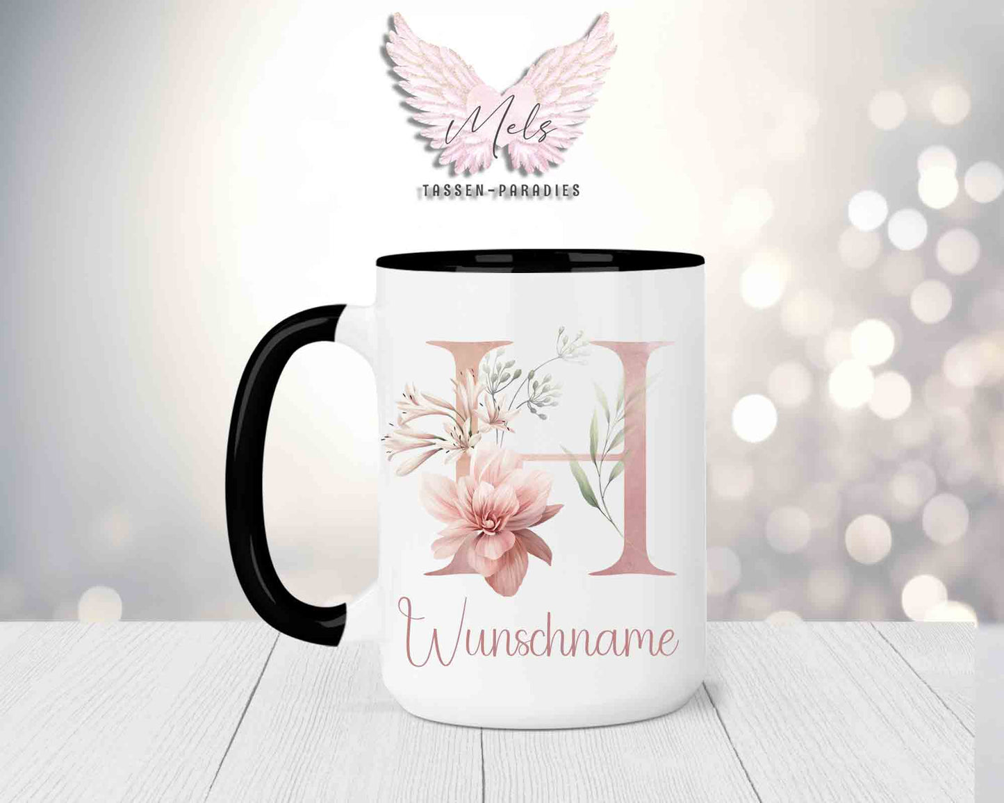 Blumen-Alphabet mit Name - Personalisierte 15oz Keramik-Tasse Schwarz