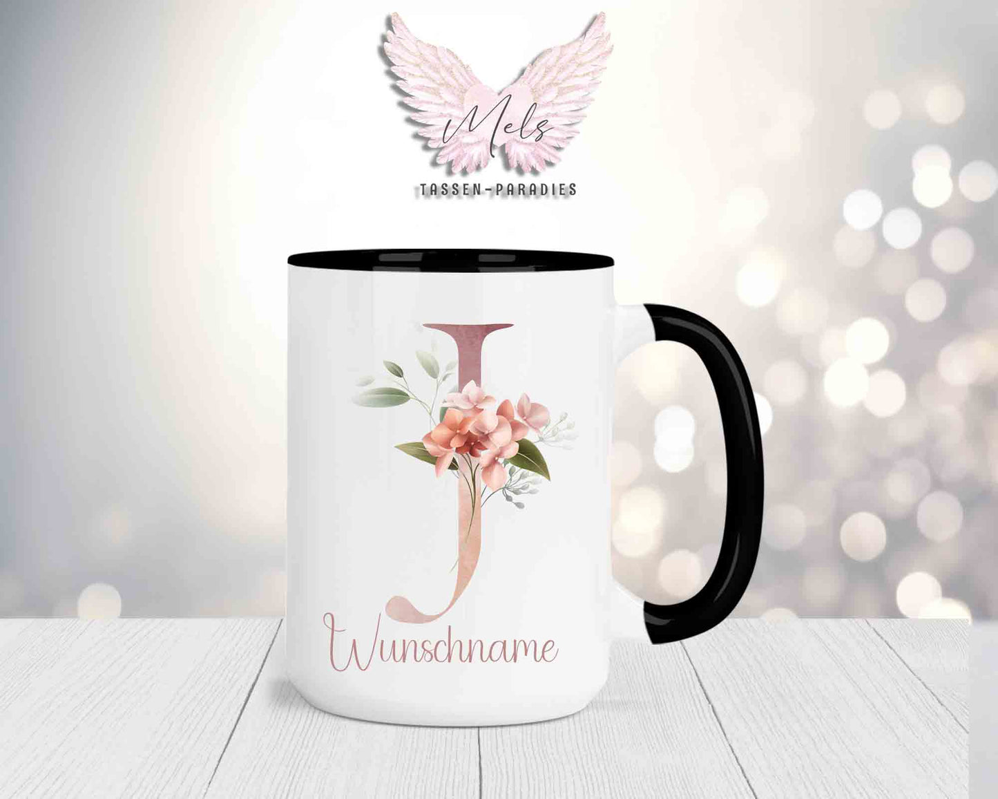 Blumen-Alphabet mit Name - Personalisierte 15oz Keramik-Tasse Schwarz