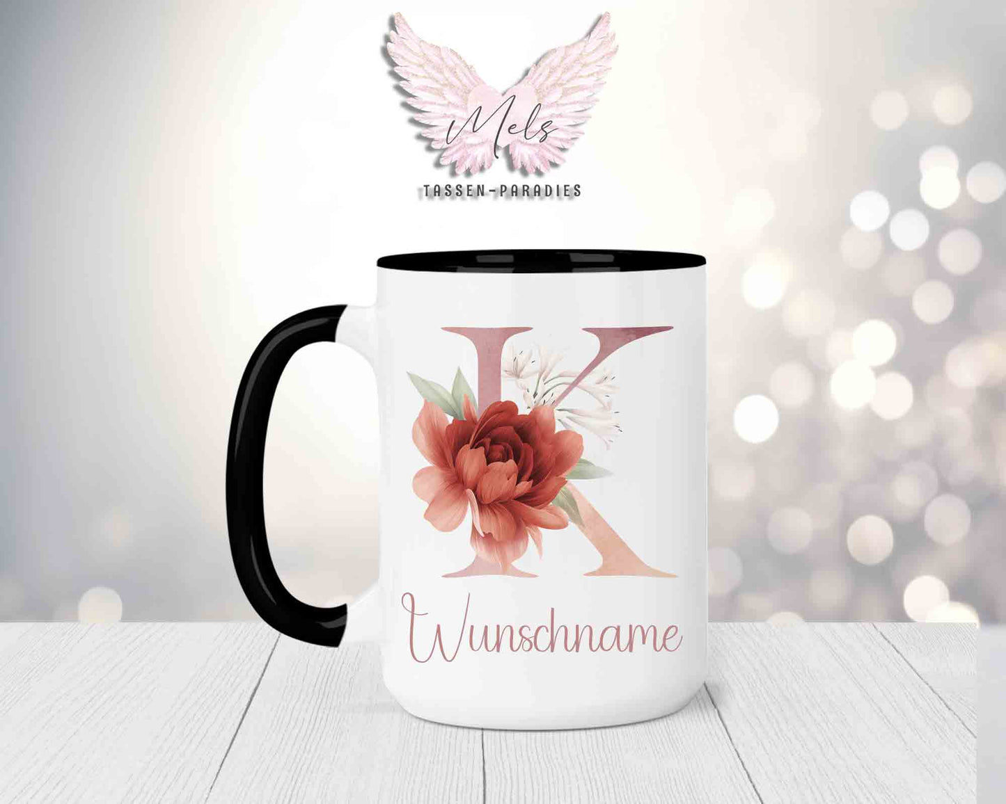Blumen-Alphabet mit Name - Personalisierte 15oz Keramik-Tasse Schwarz
