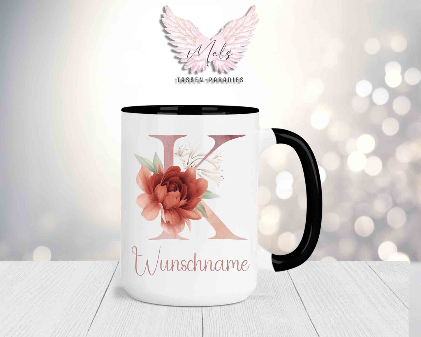 Blumen-Alphabet mit Name - Personalisierte 15oz Keramik-Tasse Schwarz
