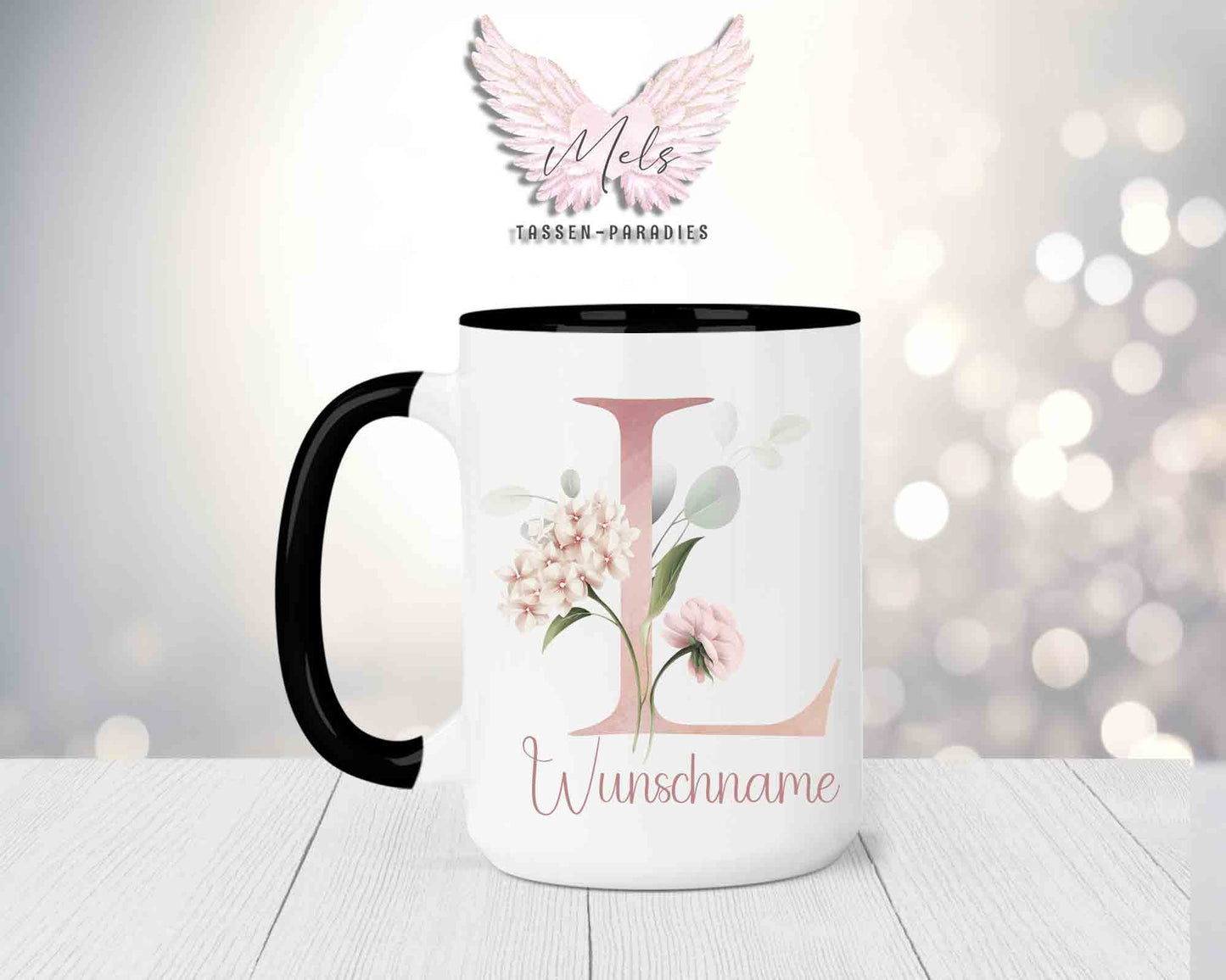 Blumen-Alphabet mit Name - Personalisierte 15oz Keramik-Tasse Schwarz