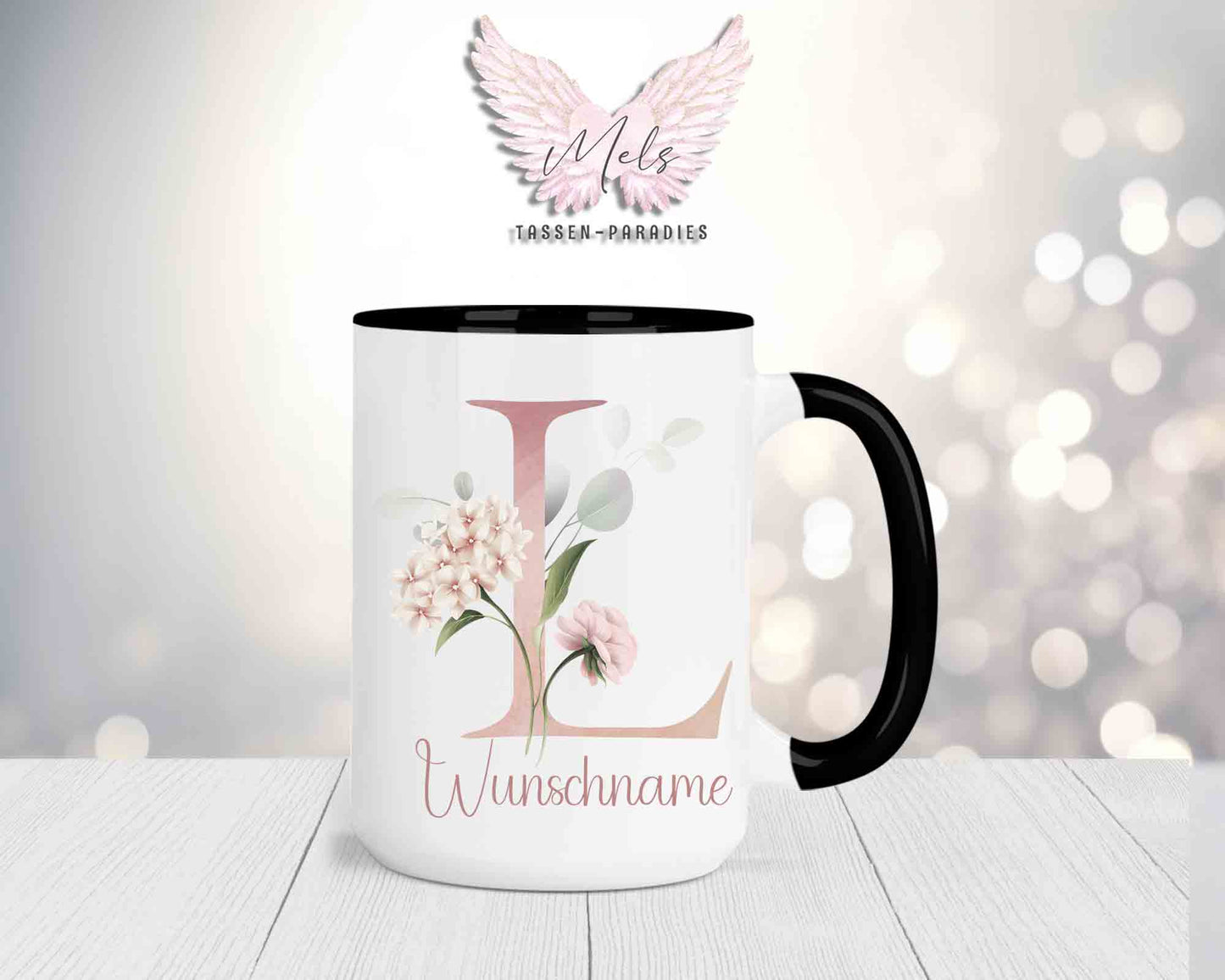 Blumen-Alphabet mit Name - Personalisierte 15oz Keramik-Tasse Schwarz