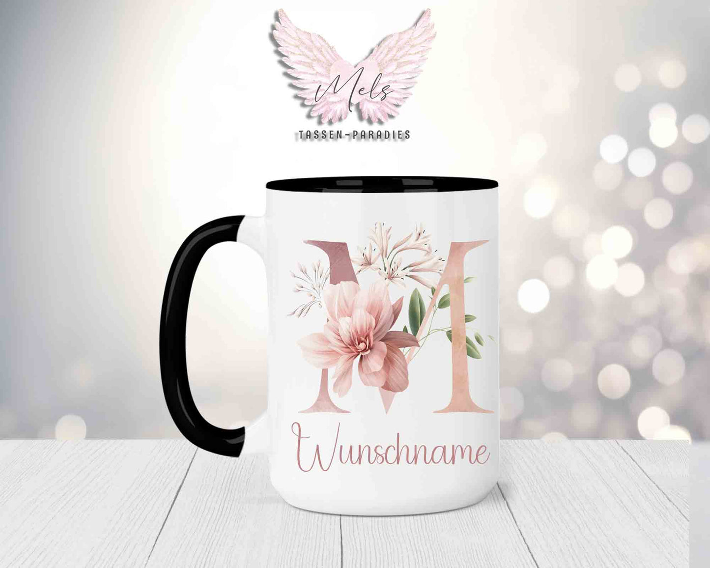 Blumen-Alphabet mit Name - Personalisierte 15oz Keramik-Tasse Schwarz