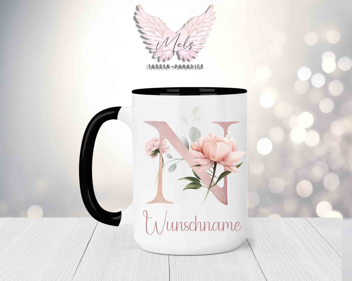 Blumen-Alphabet mit Name - Personalisierte 15oz Keramik-Tasse Schwarz