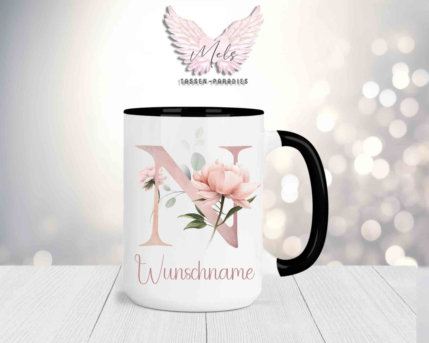 Blumen-Alphabet mit Name - Personalisierte 15oz Keramik-Tasse Schwarz