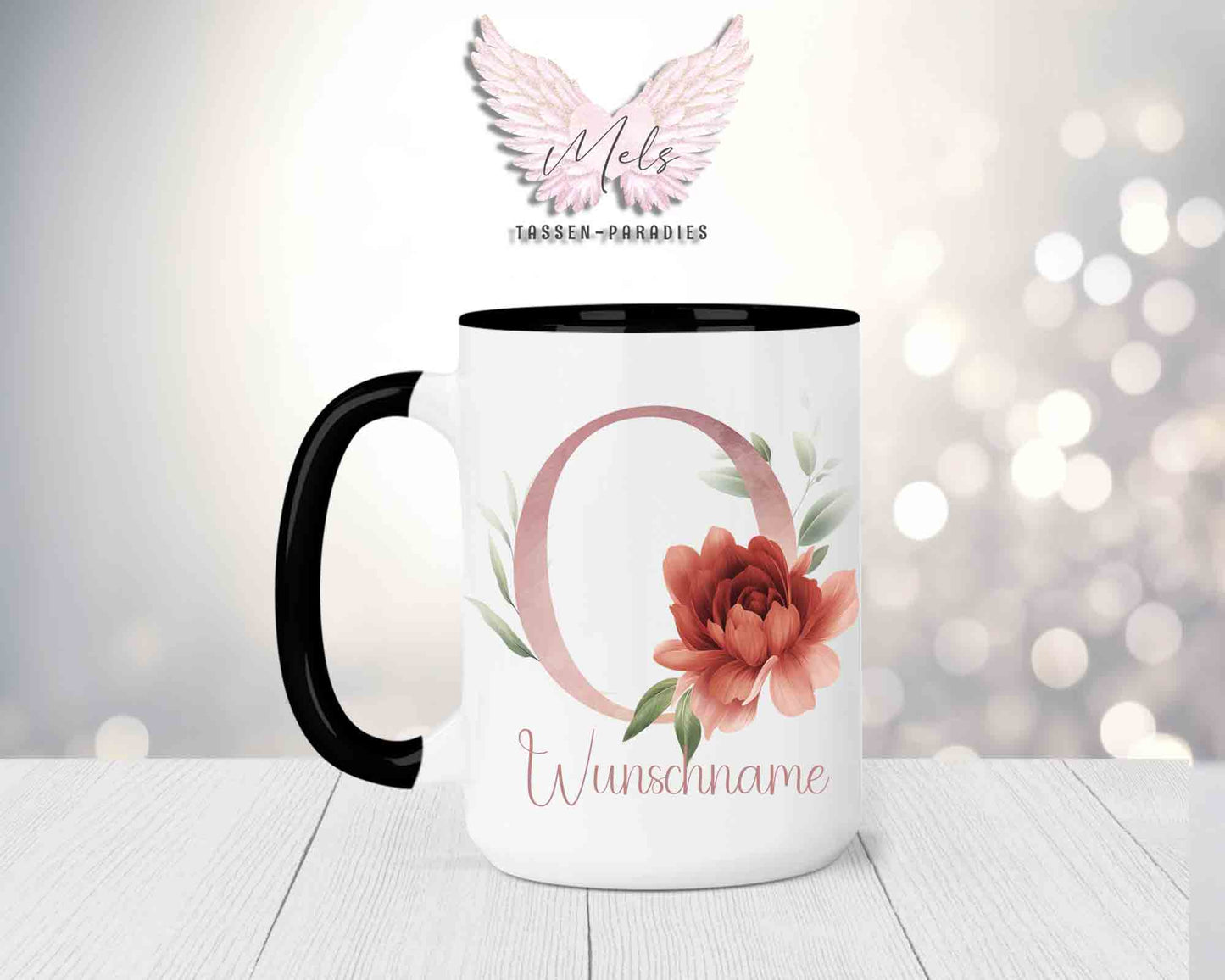 Blumen-Alphabet mit Name - Personalisierte 15oz Keramik-Tasse Schwarz