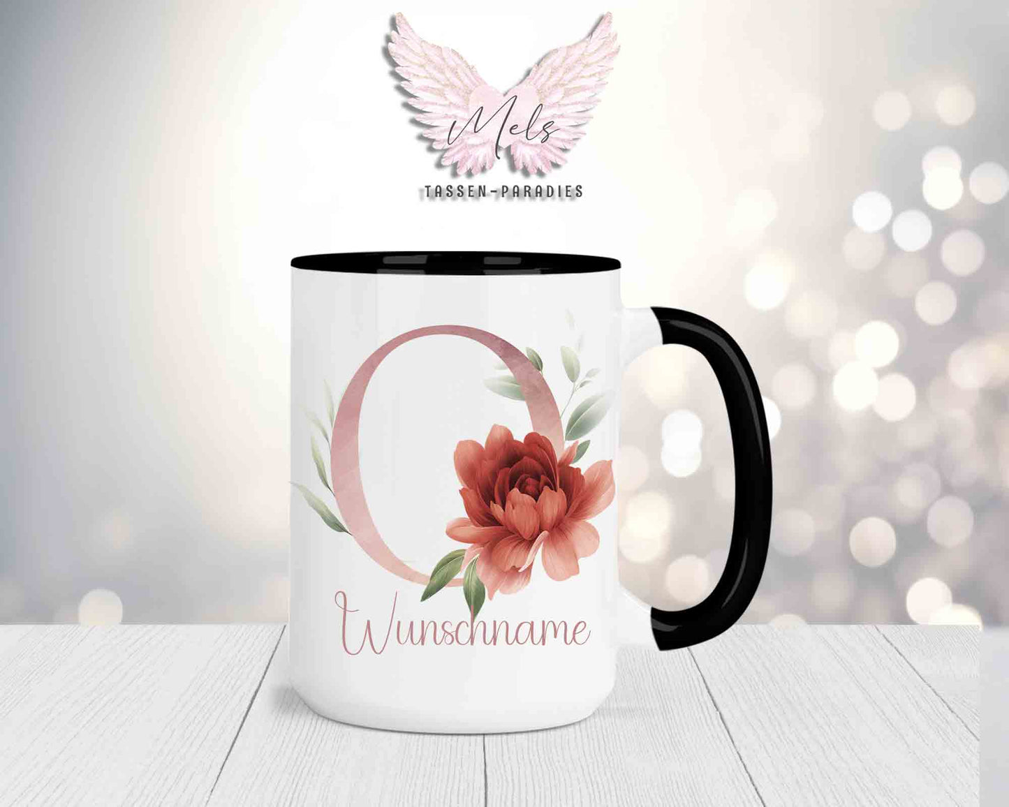 Blumen-Alphabet mit Name - Personalisierte 15oz Keramik-Tasse Schwarz