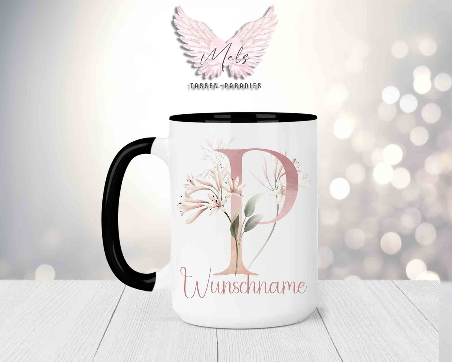 Blumen-Alphabet mit Name - Personalisierte 15oz Keramik-Tasse Schwarz