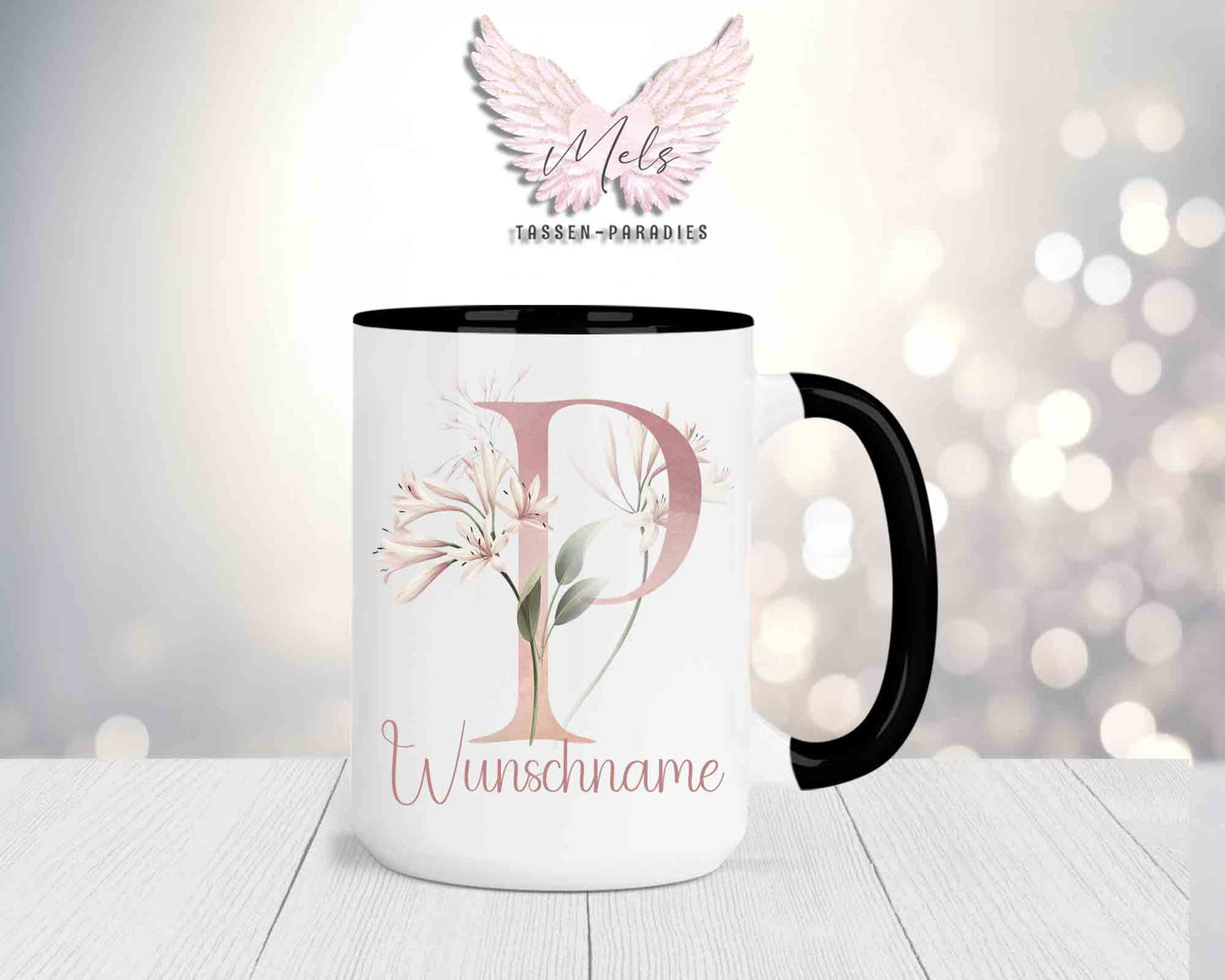 Blumen-Alphabet mit Name - Personalisierte 15oz Keramik-Tasse Schwarz