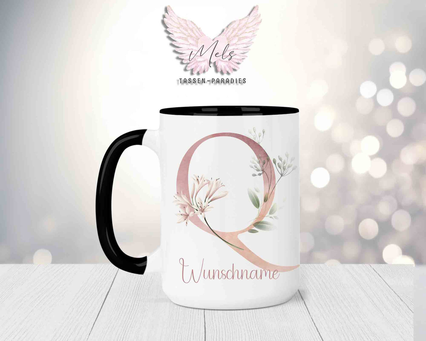 Blumen-Alphabet mit Name - Personalisierte 15oz Keramik-Tasse Schwarz
