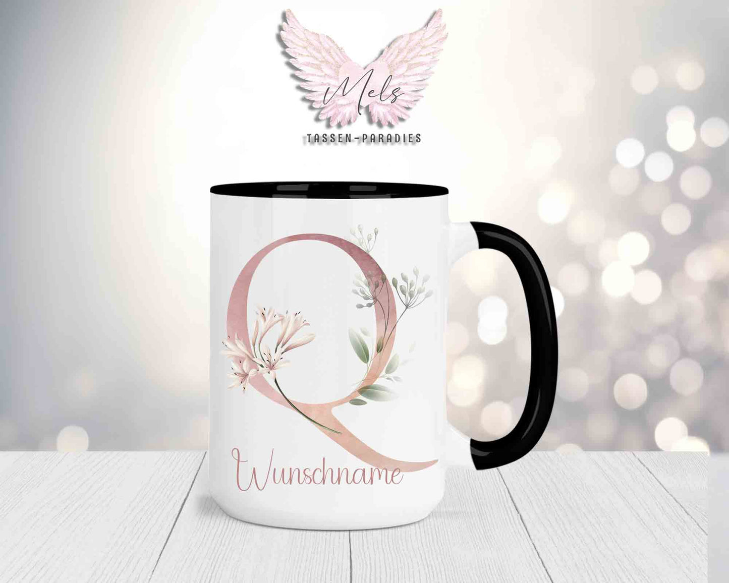 Blumen-Alphabet mit Name - Personalisierte 15oz Keramik-Tasse Schwarz
