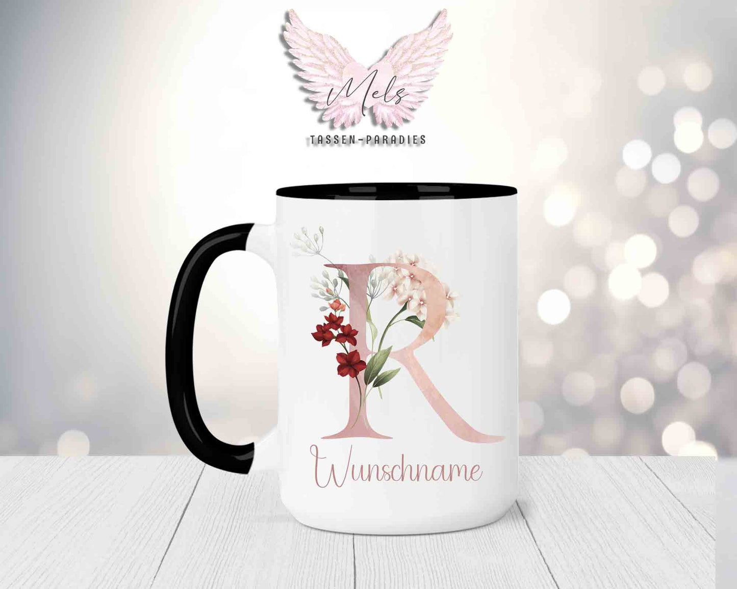 Blumen-Alphabet mit Name - Personalisierte 15oz Keramik-Tasse Schwarz